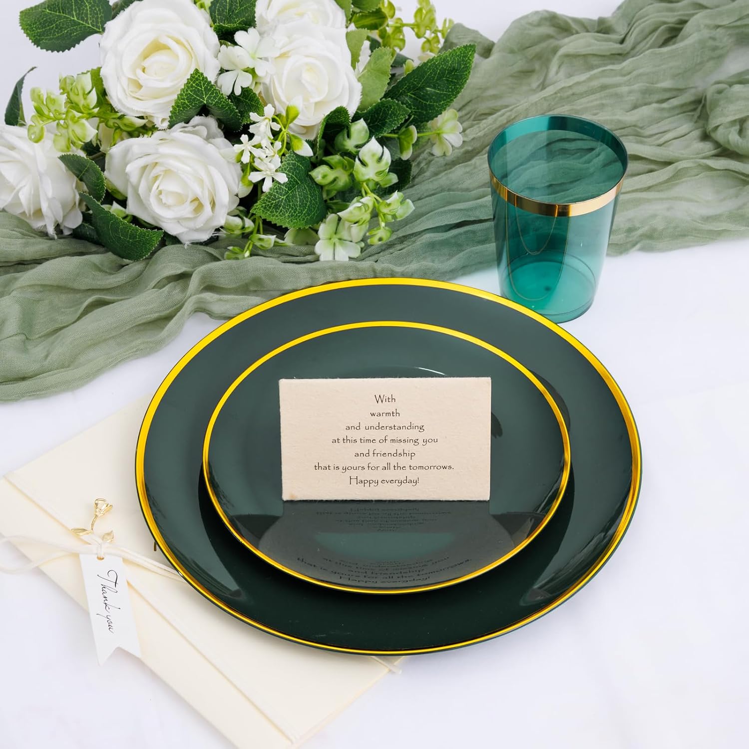 LIYH 180 Pcs Green and Gold Plastic Plates - Green Disposable Dinnerware Sets Dinner Dessert Plates, Gold Plastic Silverware Cups for Holiday Party Birthday