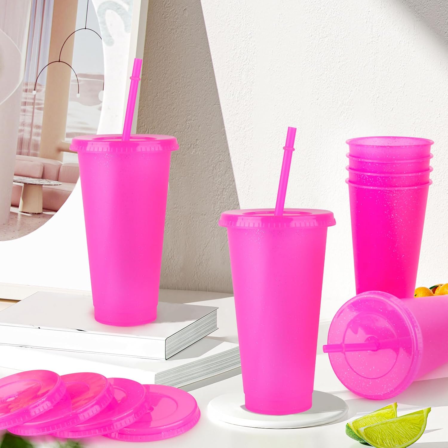 Hooqict 7 Pack Reusable Cups with Lids and Straws 24 oz Glitter Plastic Tumbler Water Iced Coffee Travel Mugs Hot Pink Party Favor Cups for Smoothie Juice Beach Birthday Bachelor Girls Princess Party - Image 6