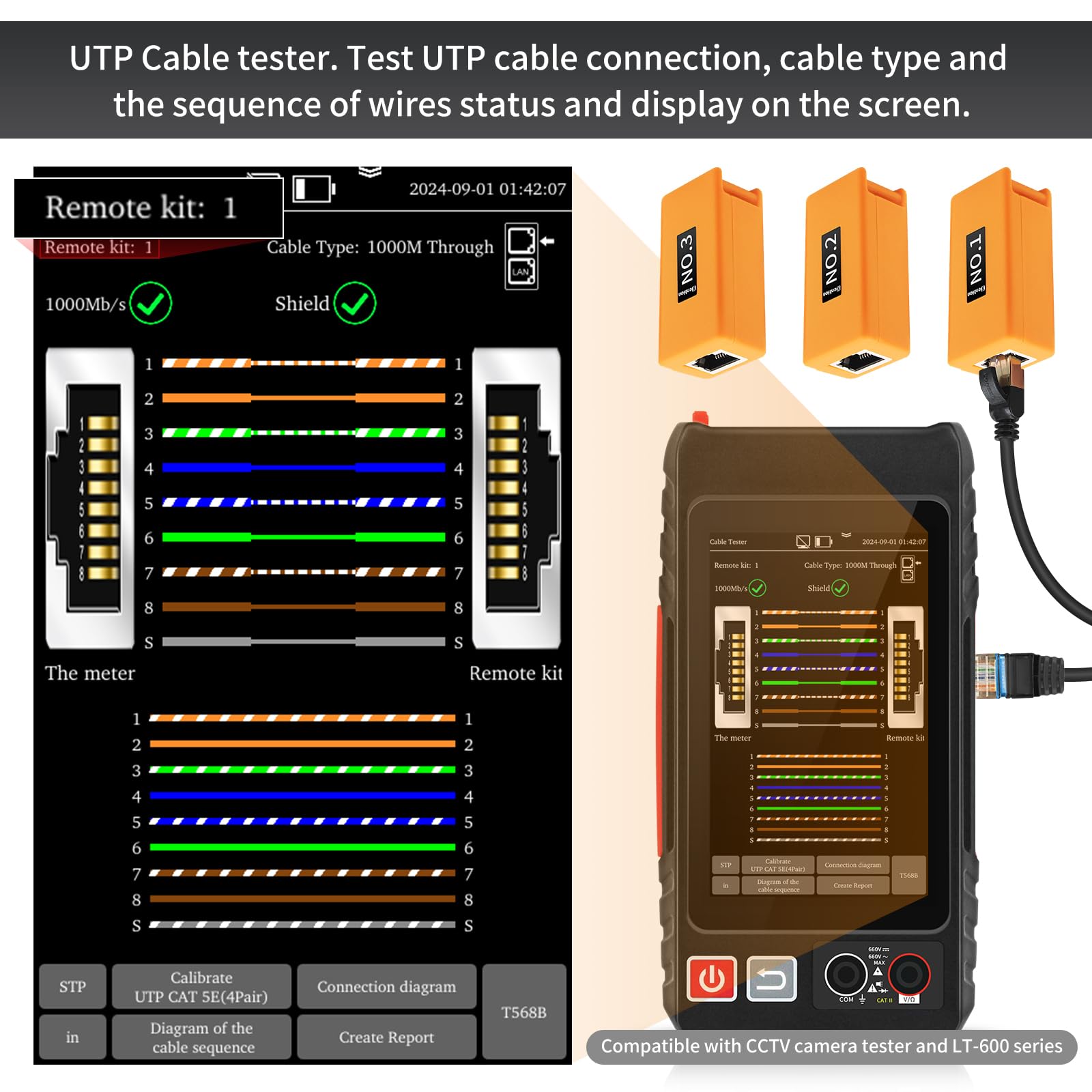 Henkion Kit di tester per cavi di rete RJ45, kit tester per cavi Ethernet n. 1-10, per Cat5/CAT5e/CAT6/CAT6e/CAT7, funziona con serie LT-600, tester per fotocamera