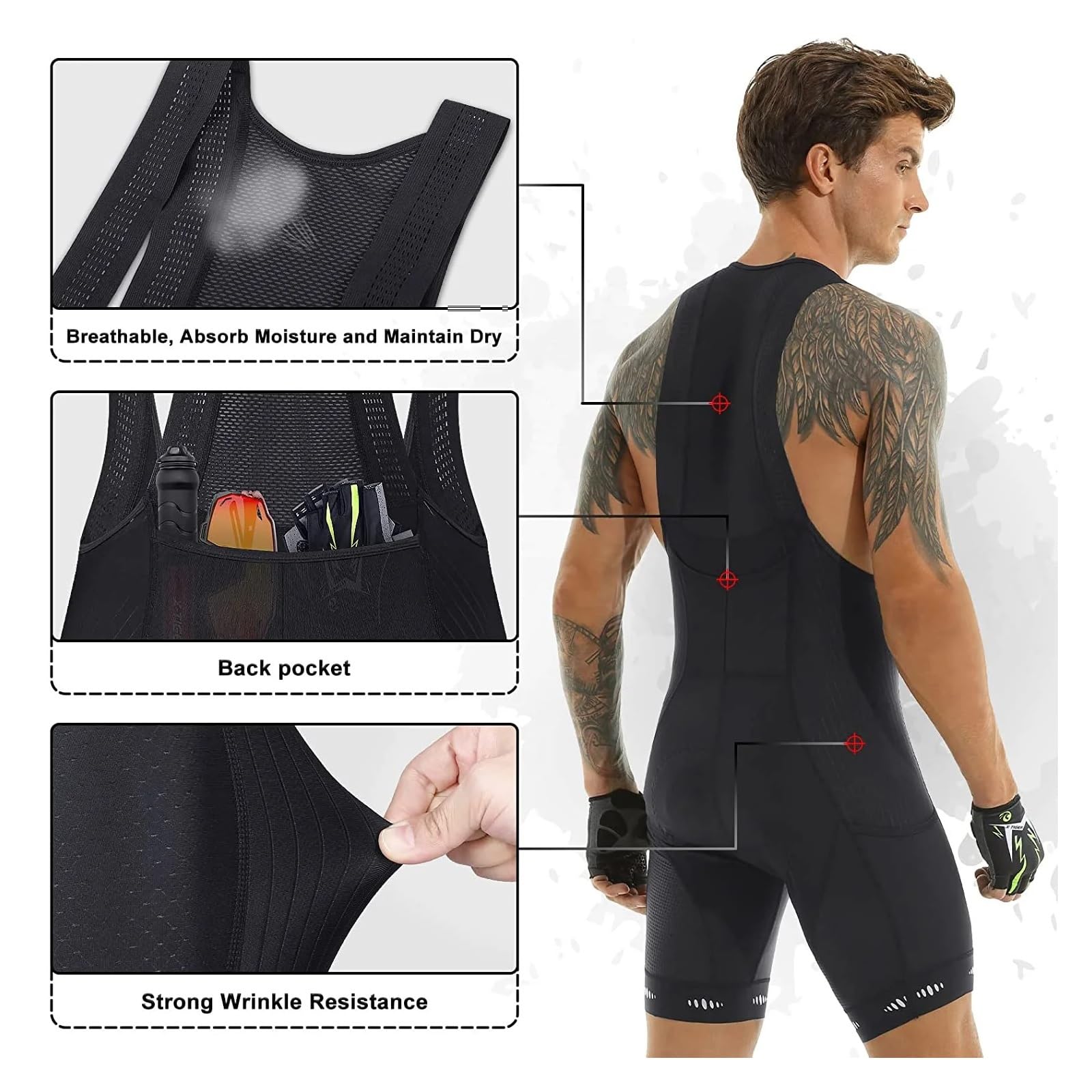 Pantaloncini da Ciclismo Pantaloncini con Bretelle da Ciclismo Uomo Tasca UPF 50+ della Serie Competitive Edition in Poliestere ad Asciugatura Rapida di Ultima Generazione