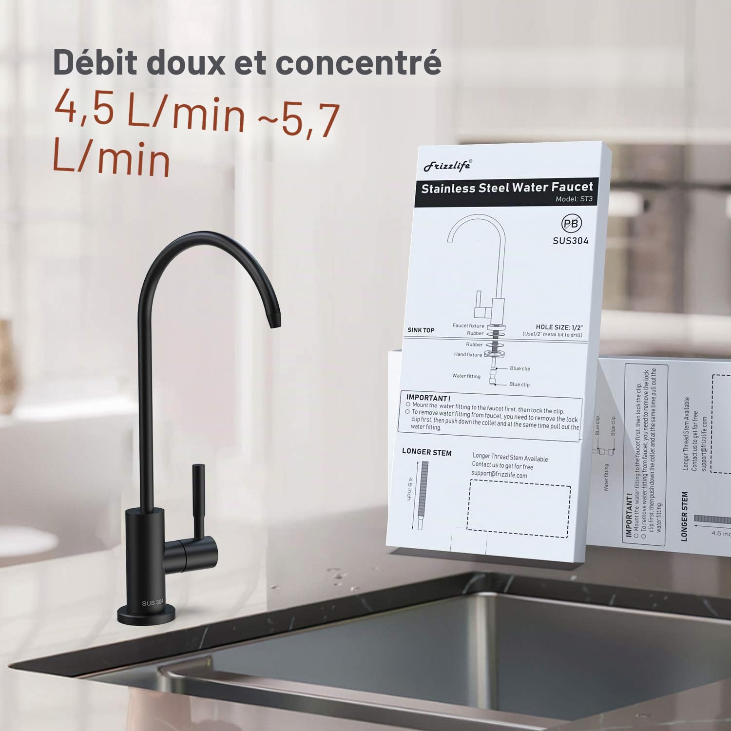 Frizzlife RO Robinet de filtre à eau - Compatible avec la plupart des systèmes d'osmose inverse et de filtration d'eau - Acier inoxydable SUS304 - Noir