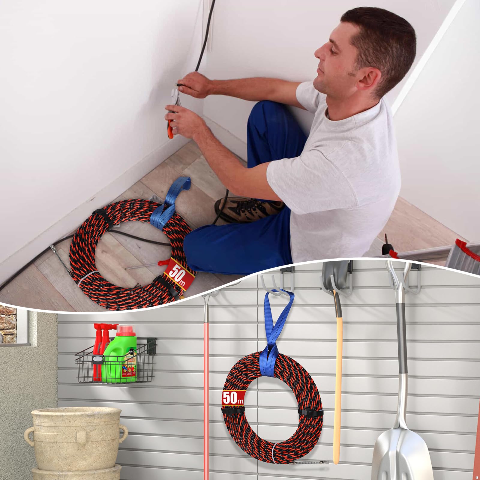 EFUTURETIME Guia Pasacables Pared 50m, Cable Puller 6mm con 2 Muelle de Guía, 3 Cintas de Amarre, Enhebrador de Alambre Electrico para Instalación y Desinstalación de Cables