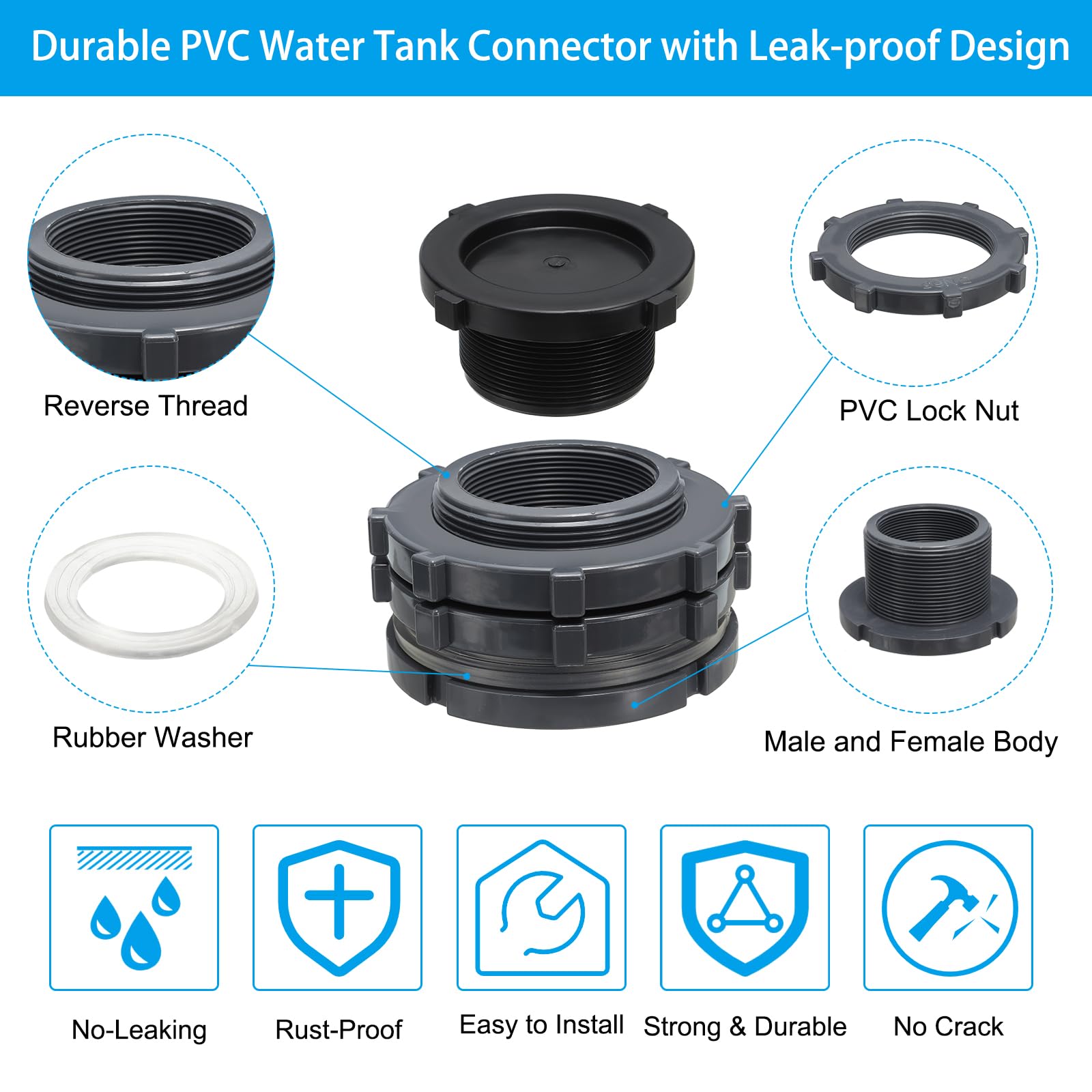 PATIKIL PVC Bulkhead Fitting with Plug G 2-1-2 - Image 3