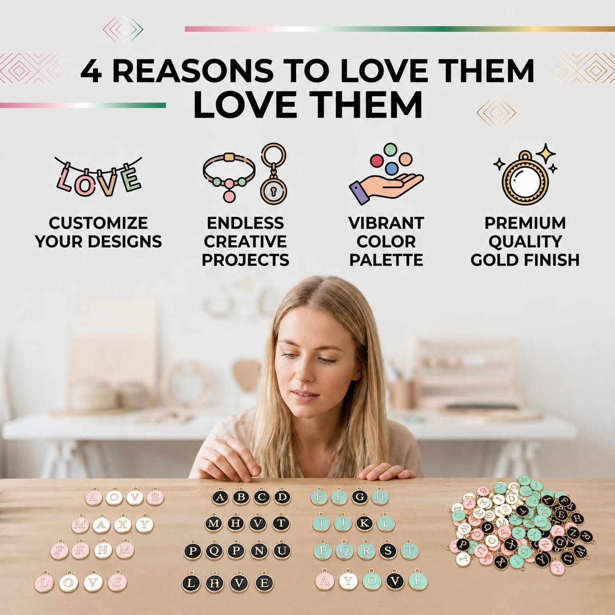 aylove 104Pcs 4 Color Letter Charms for Jewelry Making, Alphabet Metal Pendants Bulk with Jump Rings for Bracelet Necklace Making, Keychain Journal Crafts Project, Personalized Jewelry Accessory