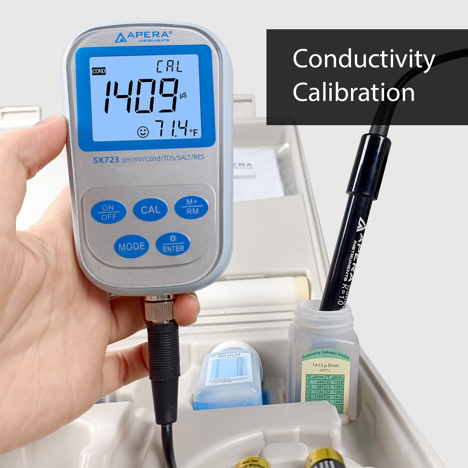 Apera Instruments SX723 pH/mV/Conductividad/TDS/salinidad/resistividad/temperatura. Kit de medidor multiparámetro portátil de mano