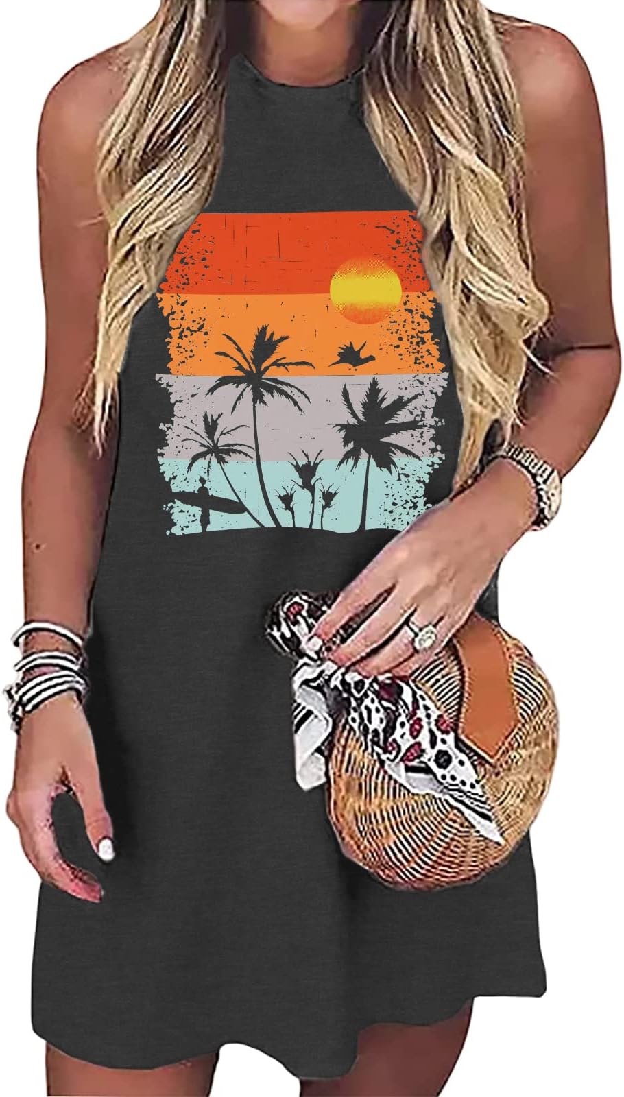 Binshre 2023 Beach Dresses for Women Coconut Tree Tank Dress Sleeveless Sundresses Summer Vacation Short Mini Dresses