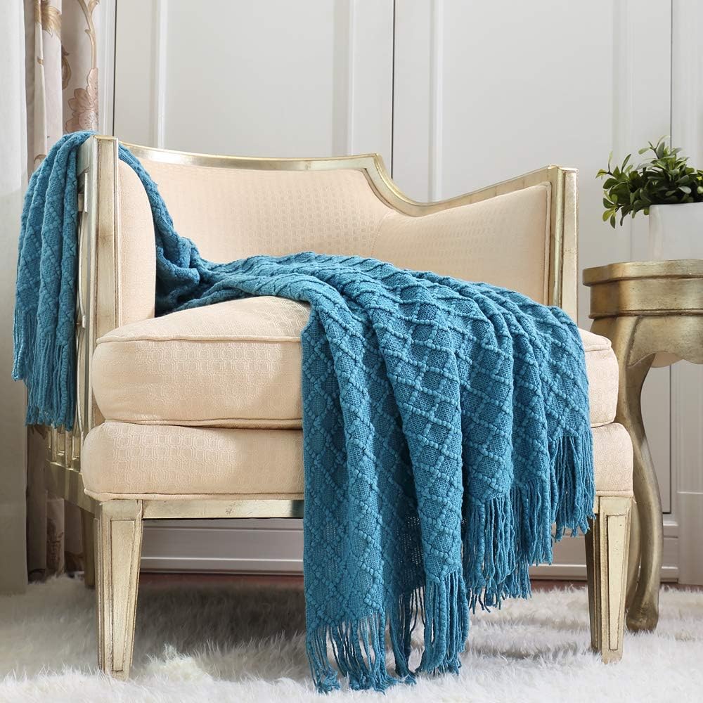 CREVENT Boho Crochet Throw Blanket for Couch Sofa Chair Bed Decoration, Gift Idea for Girlfriend Mom Birthday, Soft Warm Cozy Light Weight for Spring Summer (127x152cm Turquoise/Dark Teal)
