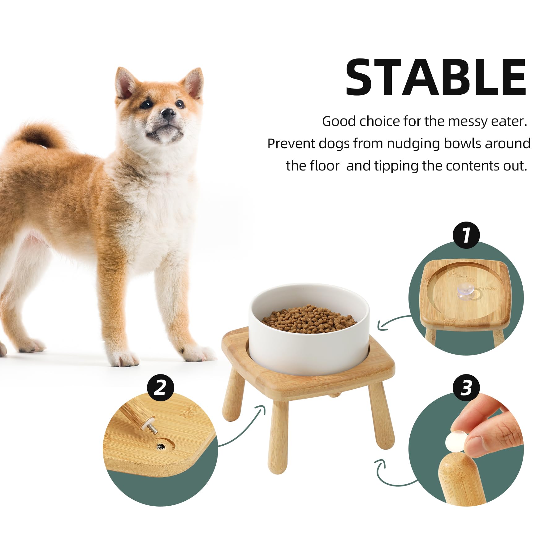 Havniva Raised Dog Bowl Non-Slip Ceramics Dog Bowl Adjustable Height Medium Dog Bowl Dog Food Bowl Dog Dish Cat Water Bowl Protect Cervical Spine (6in Bowl + Chair Stand, White)