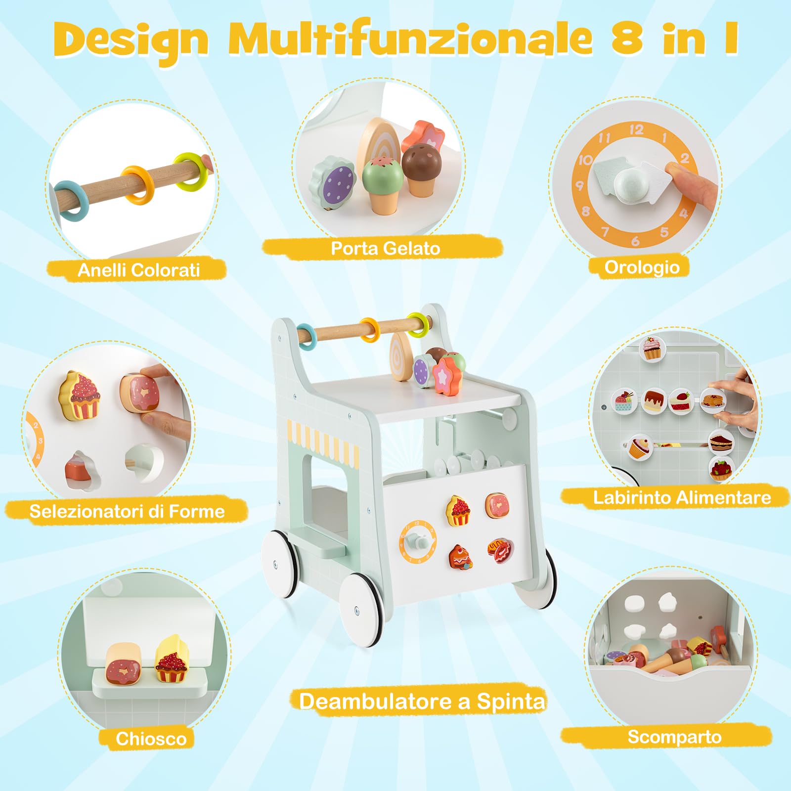 GYMAX Girello per Bambini in Legno 2-in-1, Carrello Primi Passidei Gelati con Accessori Interattivi e Ruote Antiscivolo, Cucina Giocattolo Montessori con Ruote, per Bambino 1 Anno + (Verde-1)