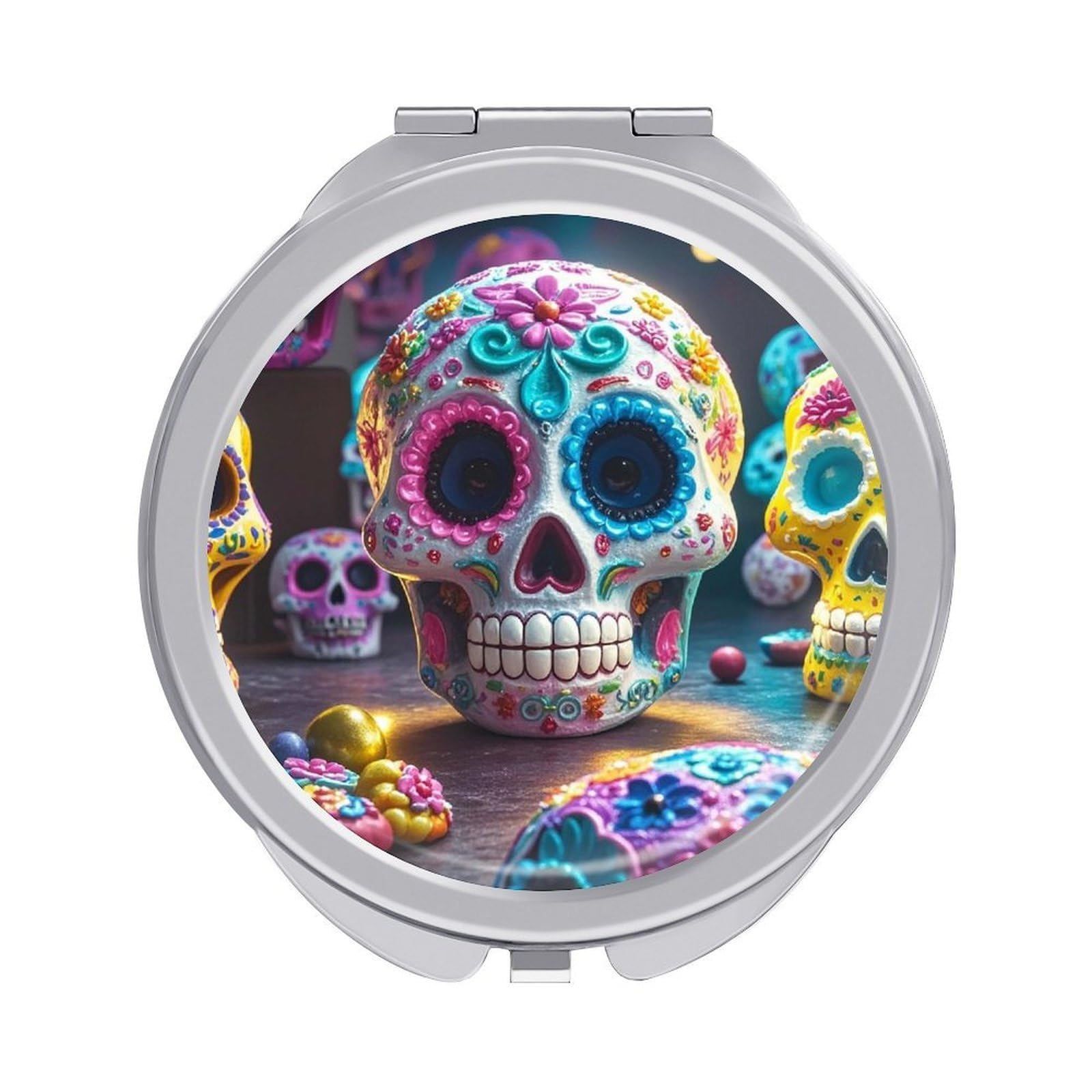 LZQPOEAS Sugar Skulls Travel Makeup Mirror 1X/2X Magnifying 2.4In Double Sided Metal Round Compact Mirrors Portable Mini Mirror for Purse, Pocket Folding Handheld for Women Gift