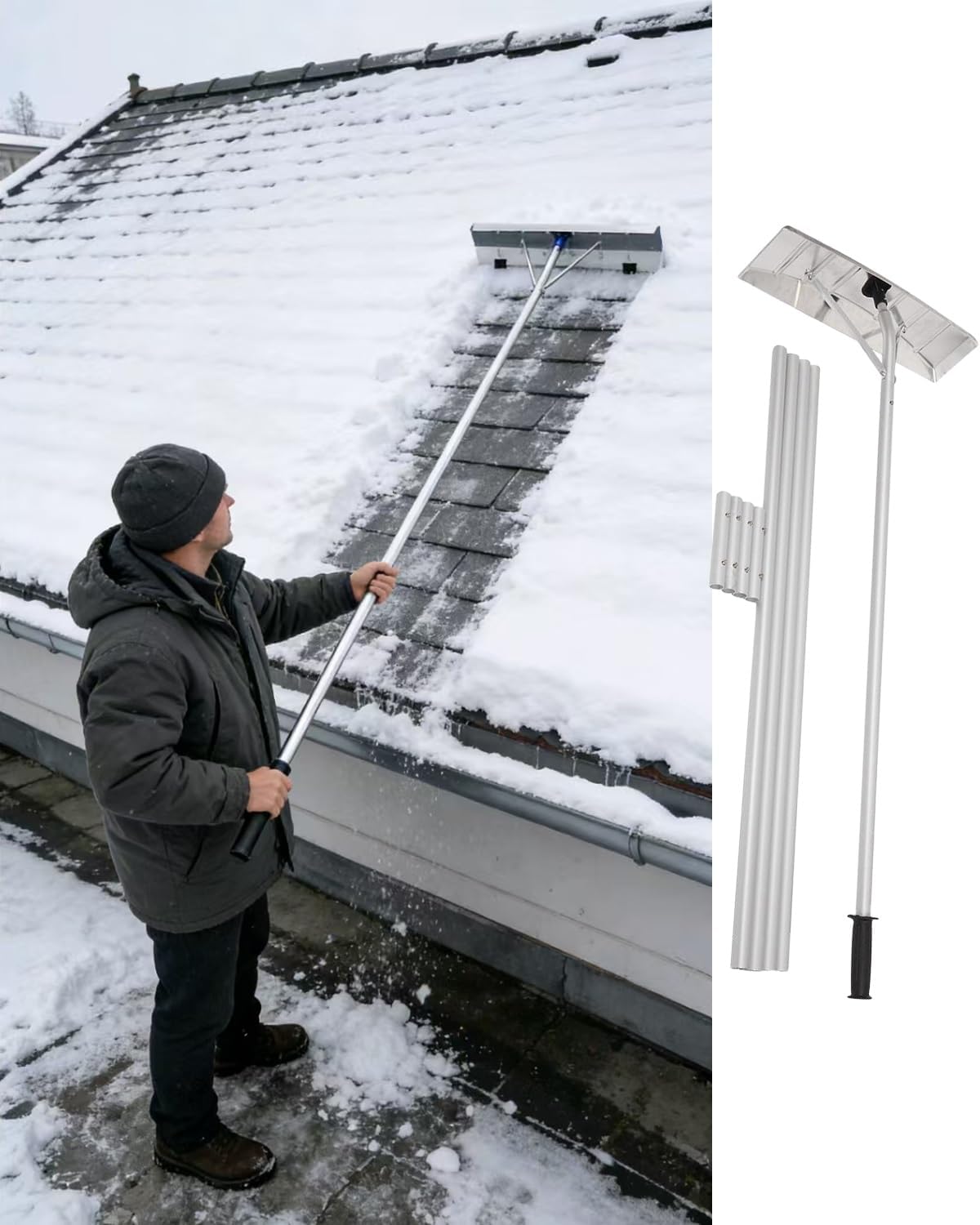 Snow Roof Rake with Wheels ,Roof Rakes for Snow Extended Foam Non-Slip Handle,No Tools Needed,20FT Durable Aluminum Telescopic Roofs Shovel with Wide Snow Scraper Blade
