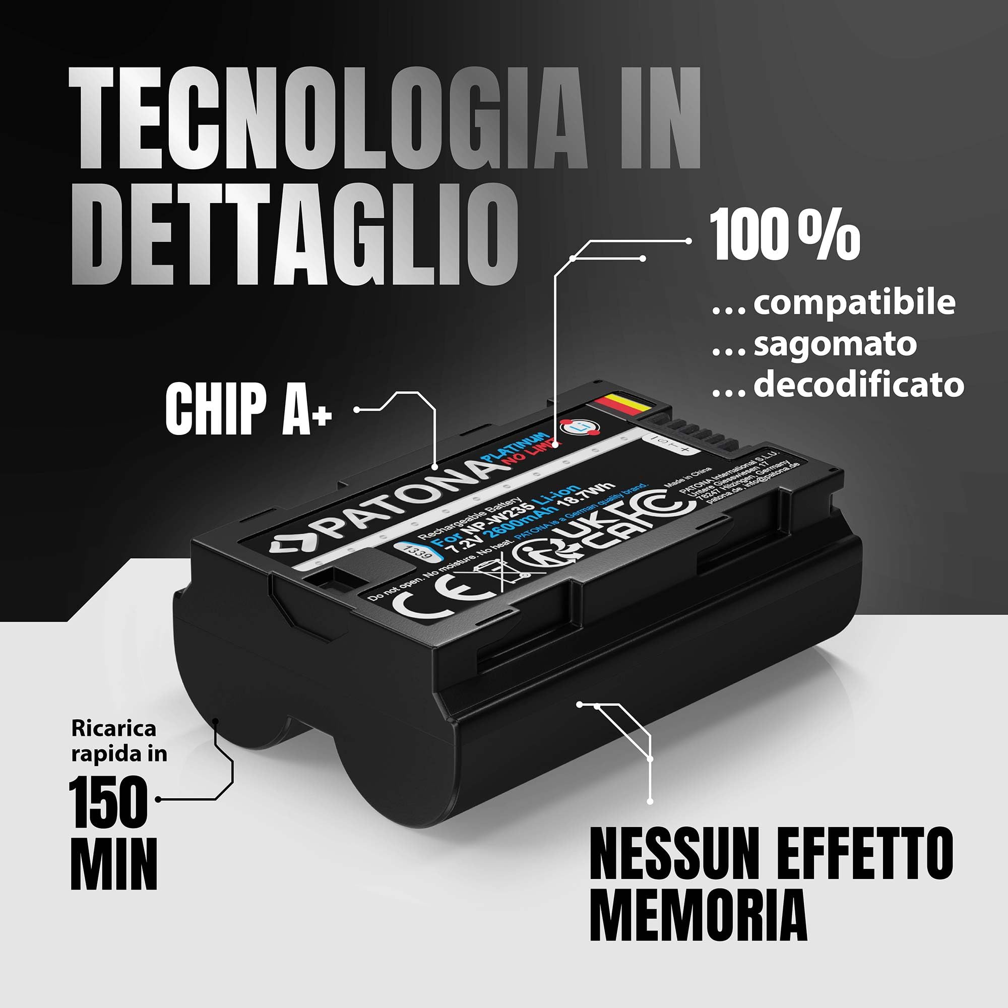 PATONA 2X Platinum NP-W235 Batteria 2600mAh – Ricambio per Fujifilm NP-W235 – per X-T4, X-T5, X-H2, X-H2S, X-S20, GFX-50S II, GFX-100S, GFX-100 II – una scatta, una si ricarica