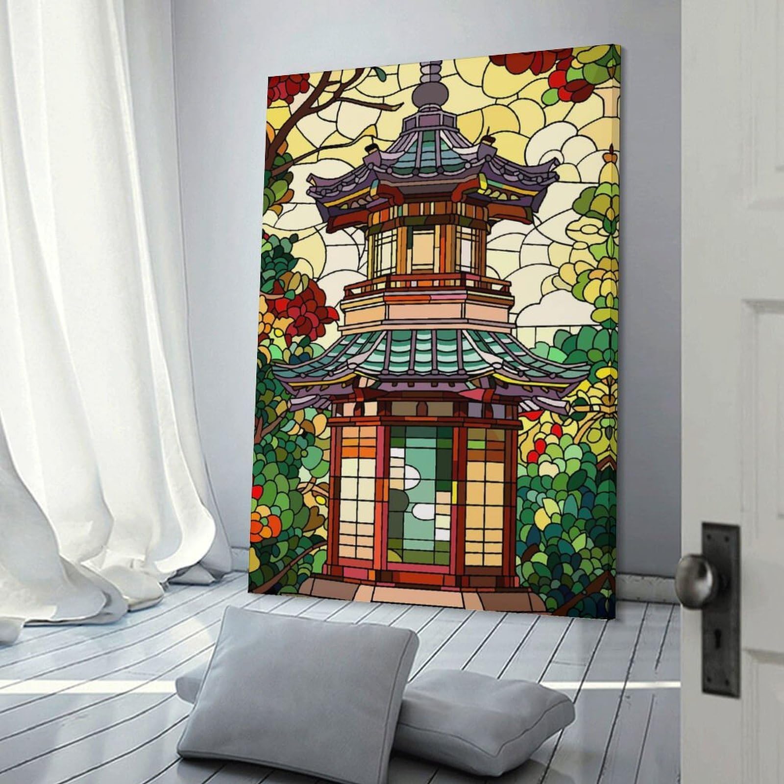 Junmoney Canvas Art Print Stained Glass Pagoda with Floral Surroundings, 16x24inch(40x60cm), for Office, Study Or Home Workspace, Home Office Artwork with Decorative Appeal
