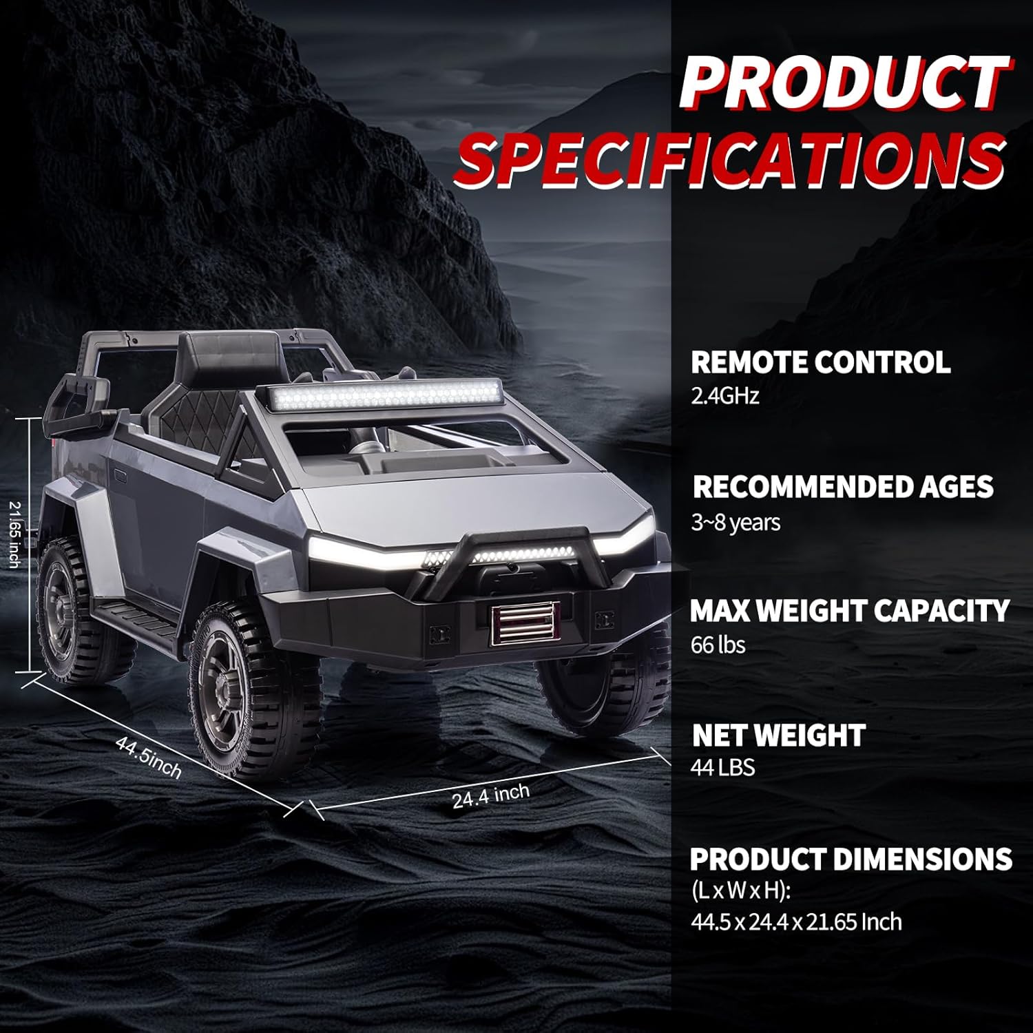DIKEP Futuristic Electric Pickup Truck for Kids, 12V Ride on Toy with Parent Remote Control, Startup Sound, Wider Seat, Spring Suspension, Music Player, LED Lights, 2 Motors, 3 Speeds - Gray