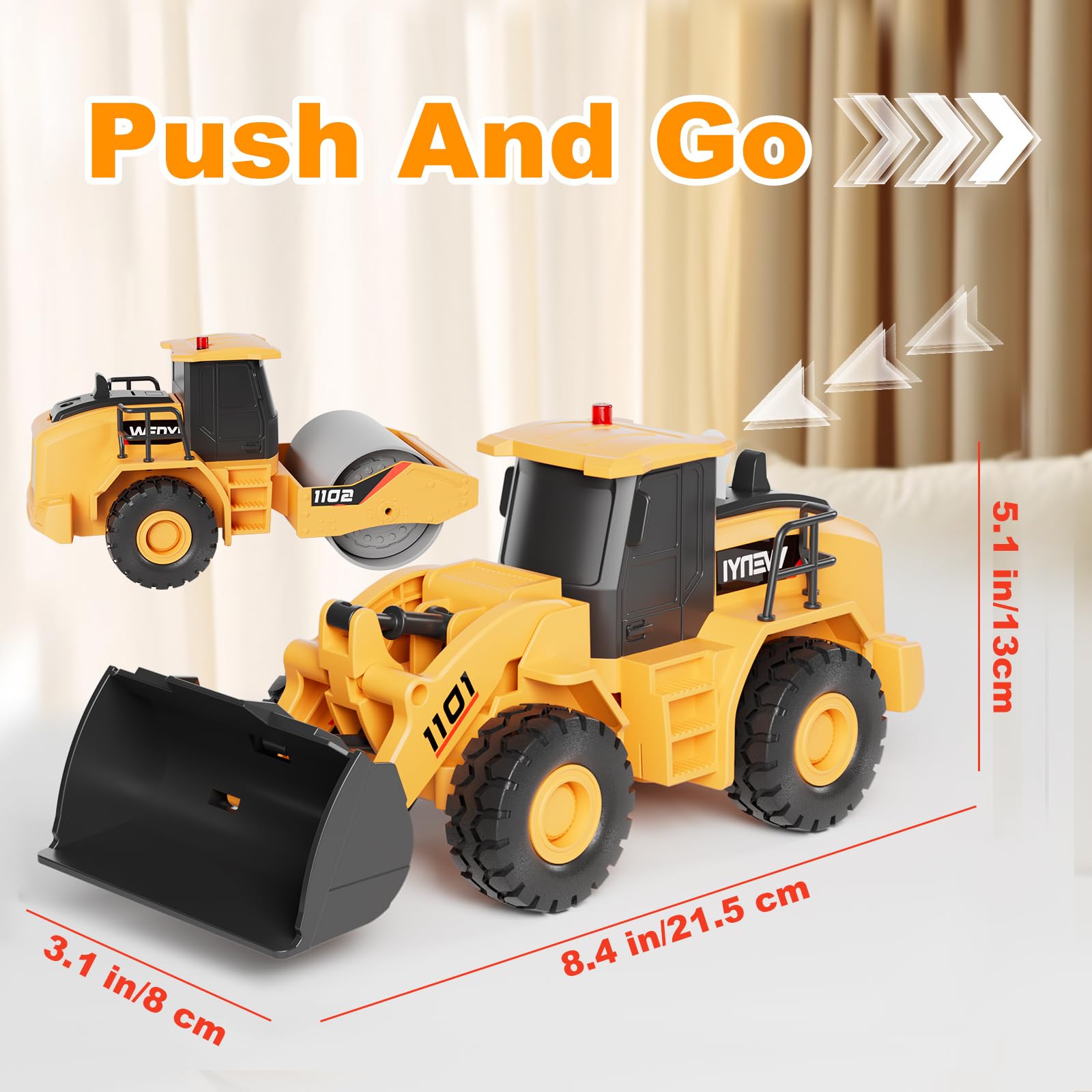 Engin de Chantier Jouet, 2Pcs Jouets de Sable avec Musique & Lumière, Jouets de Camion Bulldozer et Rouleau compresseur, Cadeau pour Garçons Filles Enfants Âgés de 3 4 5 6 7 8 Ans