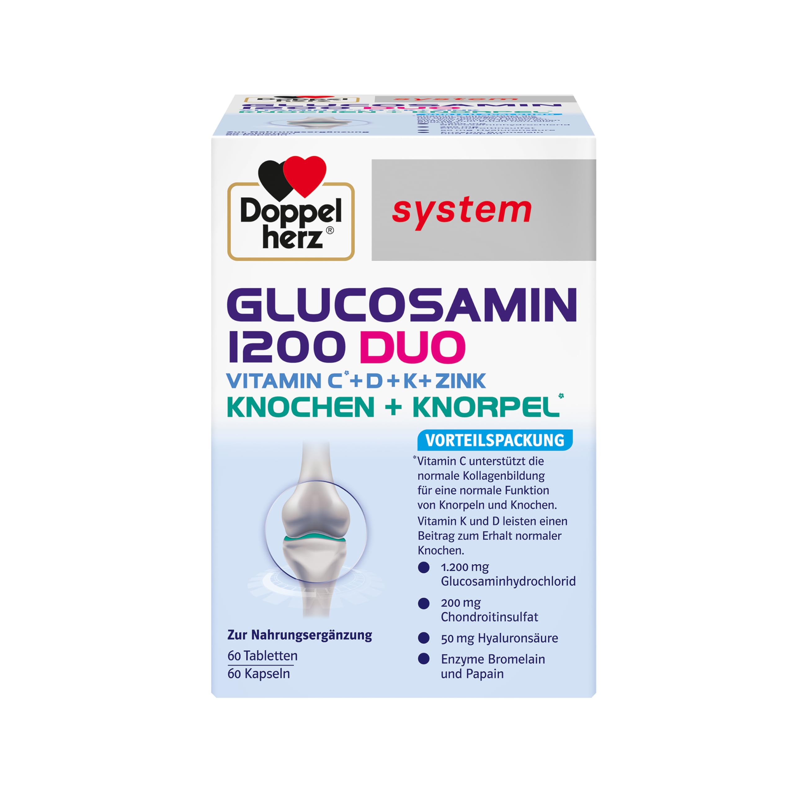 Doppelherz system GLUCOSAMIN 1200 DUO – Mit Vitamin C als Beitrag zur normalen Kollagenbildung für eine normale Knorpelfunktion – 60 Kapseln und 60 Tabletten