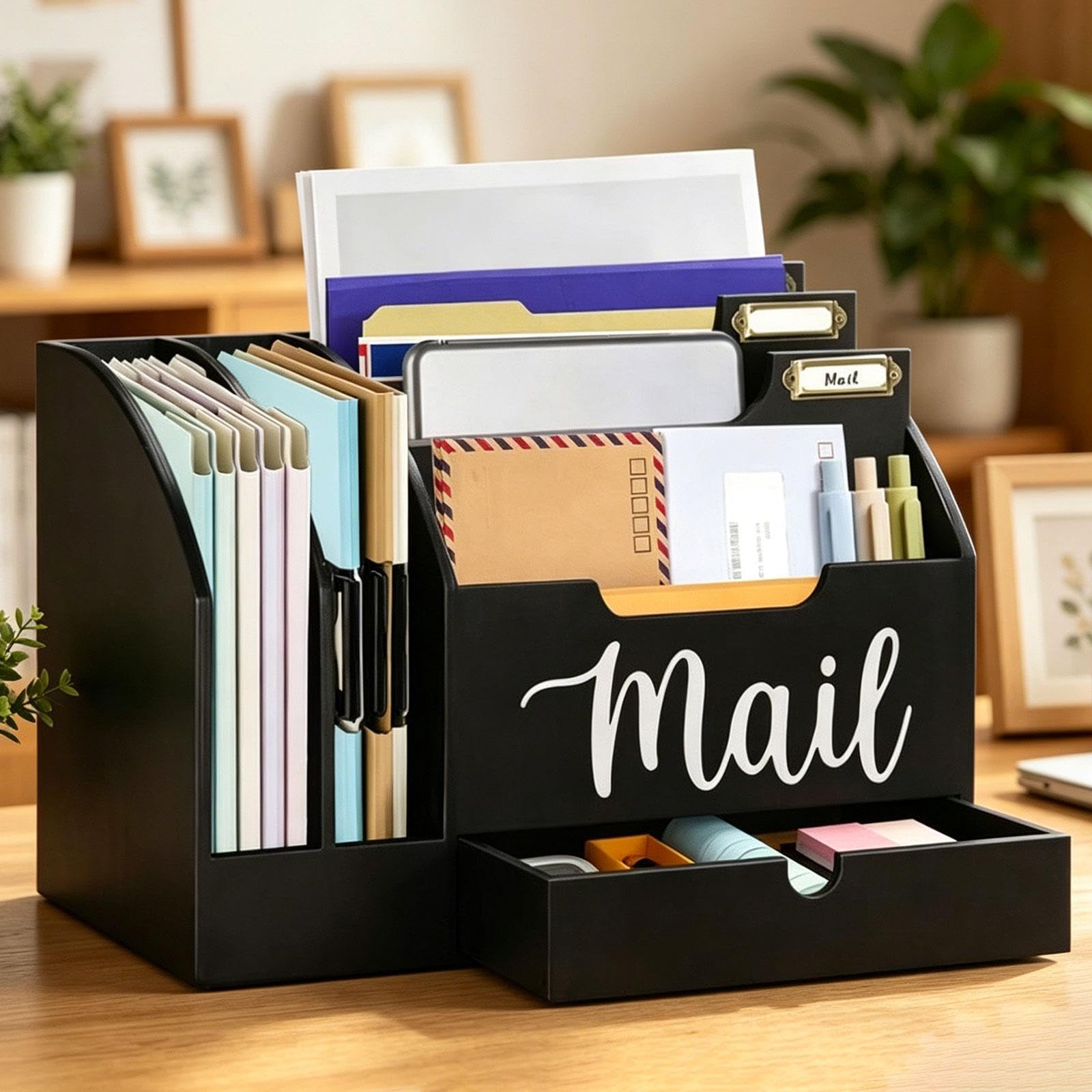 Organizer in Legno 6 per Scrivania Portabuste con Cassetto Supporto per Mail Organizzatore per Ufficio Accessori per Scrivania Moderni, Nero