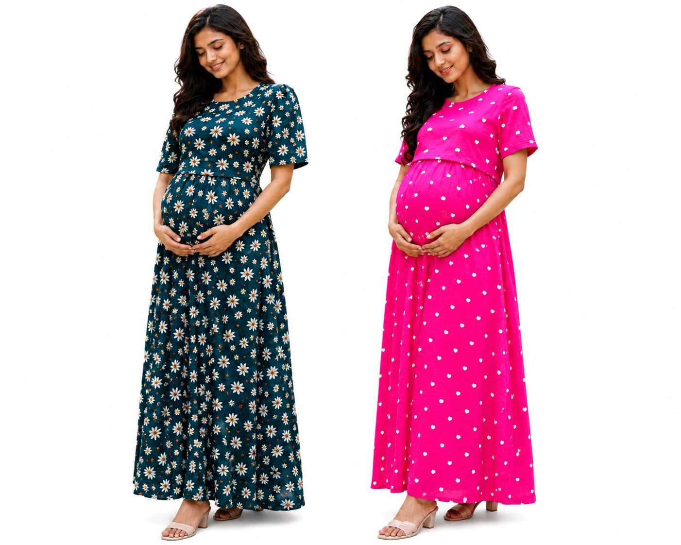 RENIS.Store Women's 100% Cotton Zipless Feeding Maternity Nighty Pack of 2 | Pull Up Nursing Night Dress, Back Tie with Side Pocket | Green Color & Pink | Size - XL-image-21