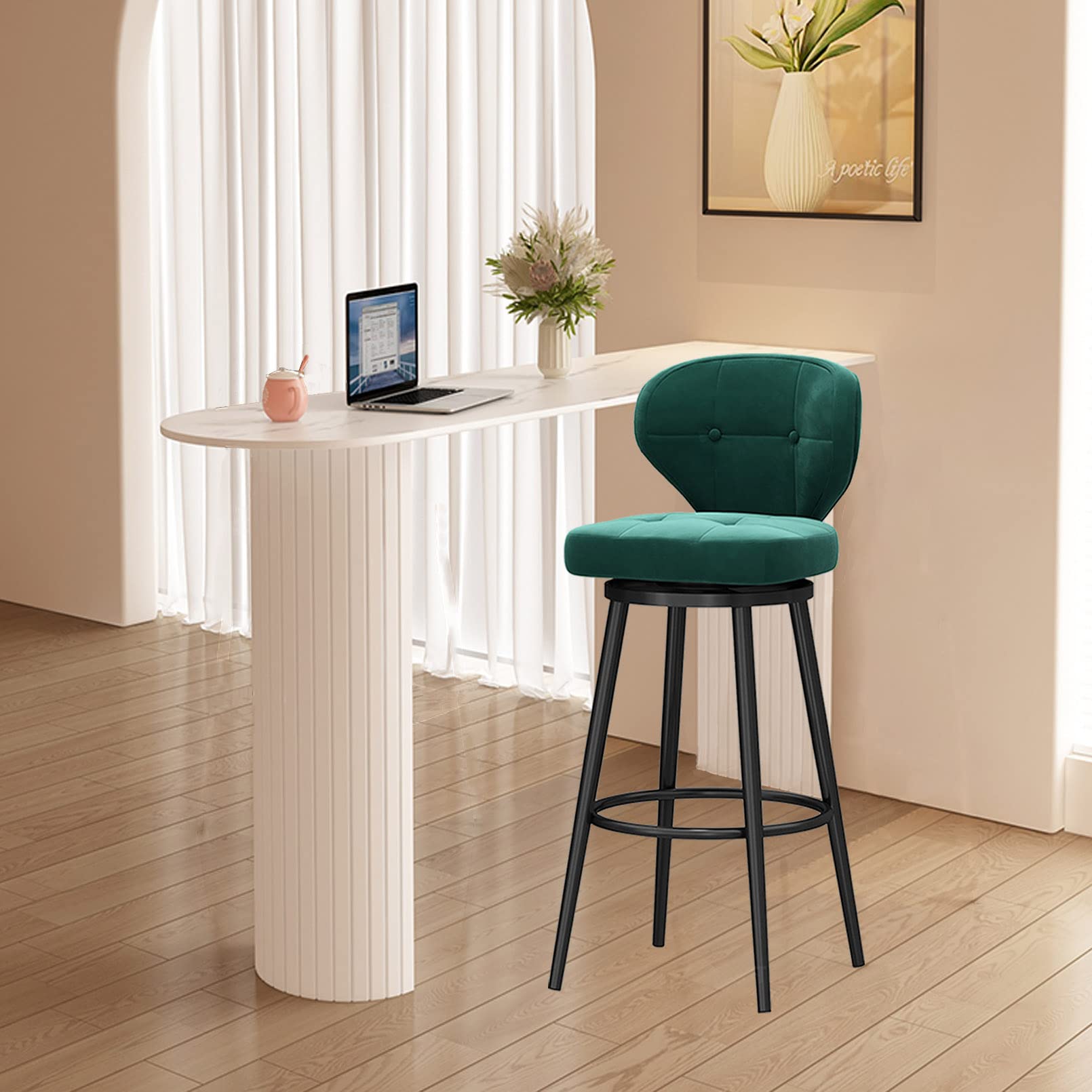 LUUYYI Set di 4 sgabelli da bar girevoli moderni in velluto con schienale basso verde, sedie da cucina a isola per colazione a casa, eleganti gambe in metallo nero incluse (verde, 2 pezzi)