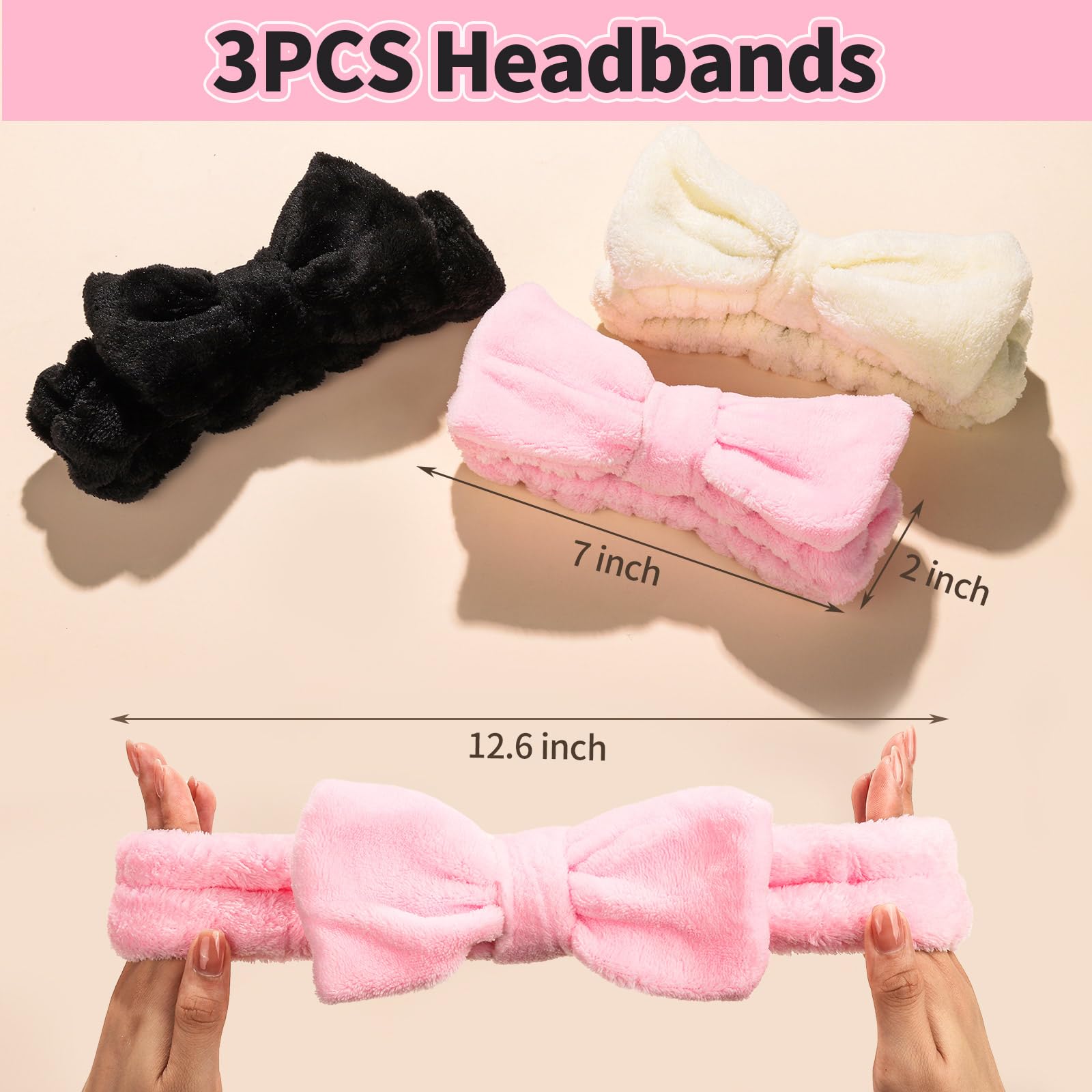 LEOBRO Stirnband zum Waschen des Gesichts, 3 Spa-Stirnbänder und 3 Haargummis, Make-up-Stirnband, Hautpflege-Stirnband für Damen und Mädchen, Gesichtswasch-Stirnband, Schwarz & Rosa & Cremeweiß