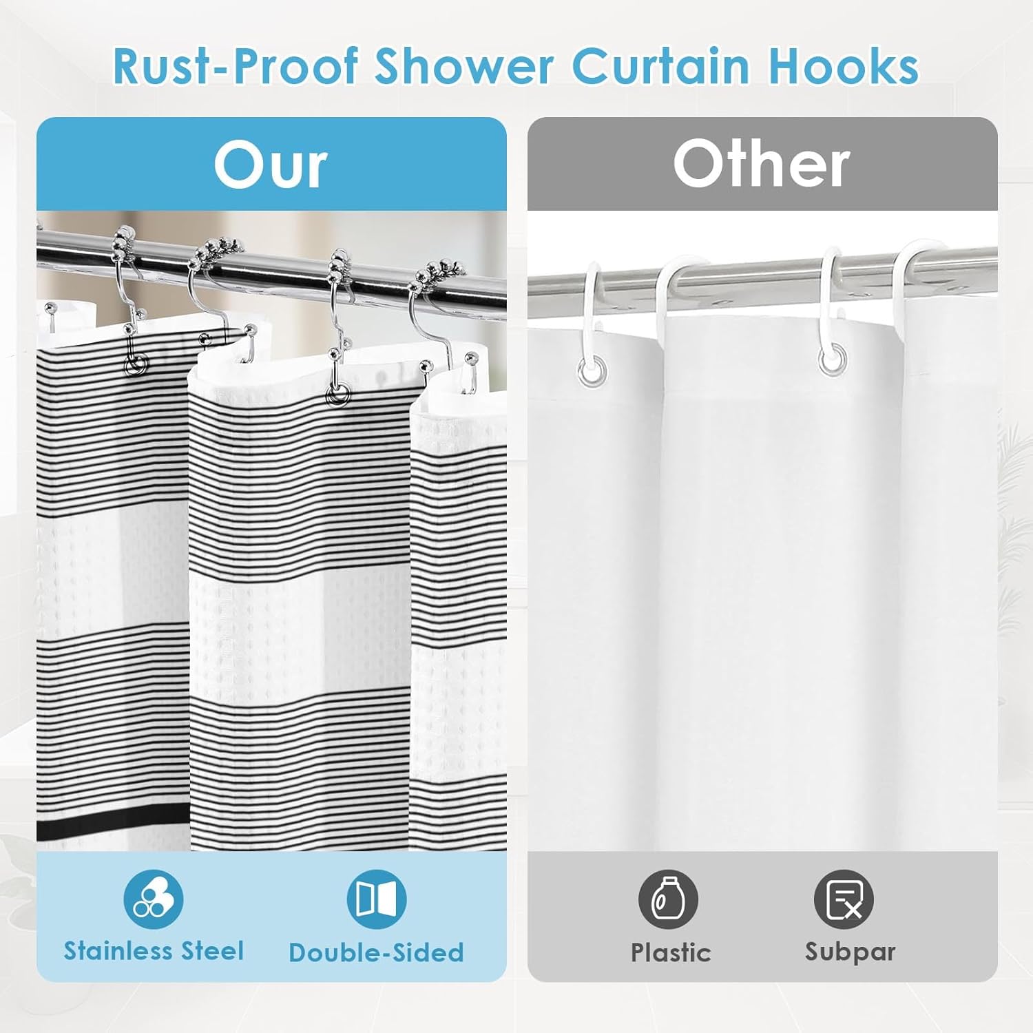Shower Curtain and Liner, Black Striped 3 in 1 Shower Curtain and PEVA Liner Set with 12 Rust-Resistant Metal Hooks, Waterproof Fabric Shower Curtains for Bathroom, 72 W x 72 H