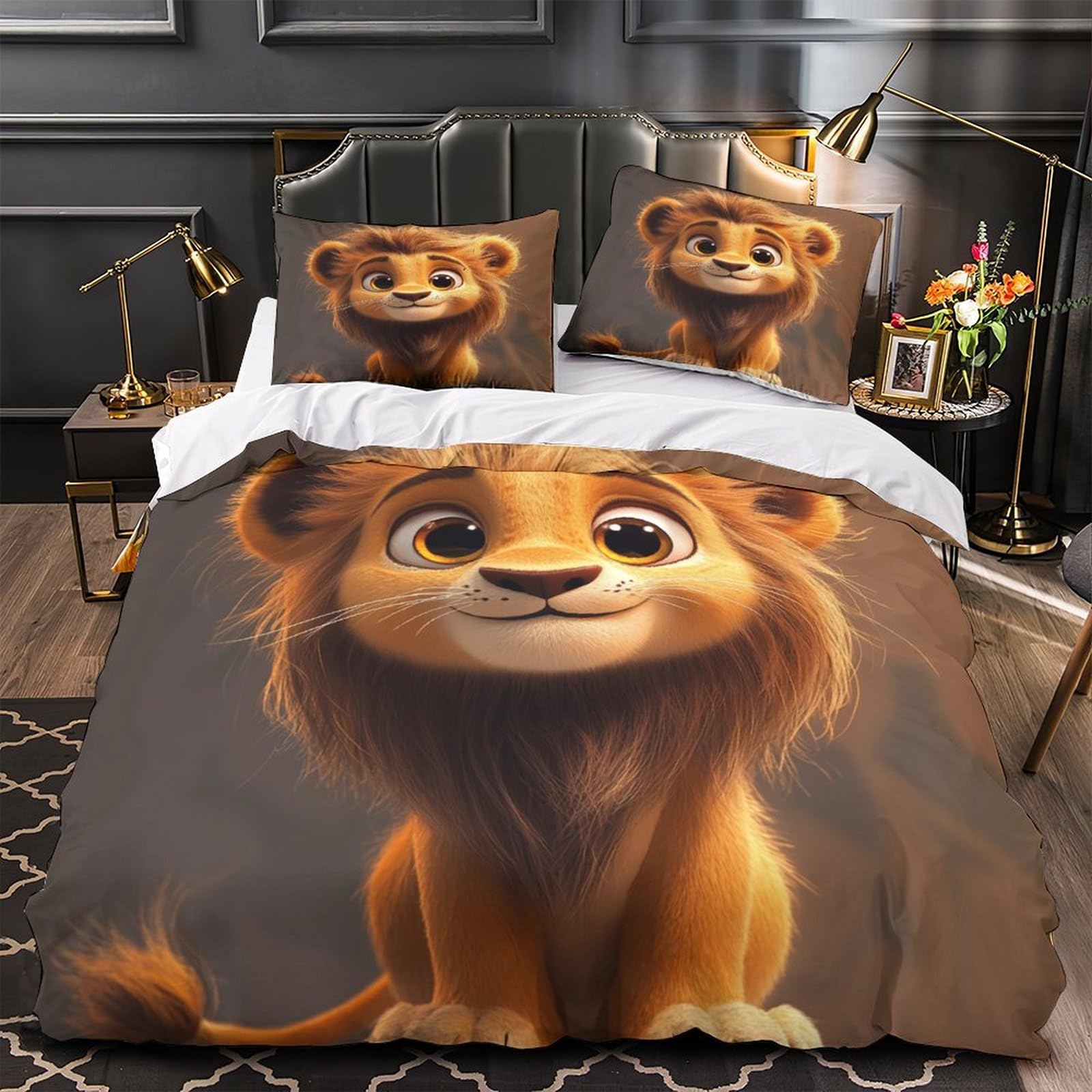 Housse de couette lionceau 3D 260x220 cm en microfibre avec 2 taies d'oreiller