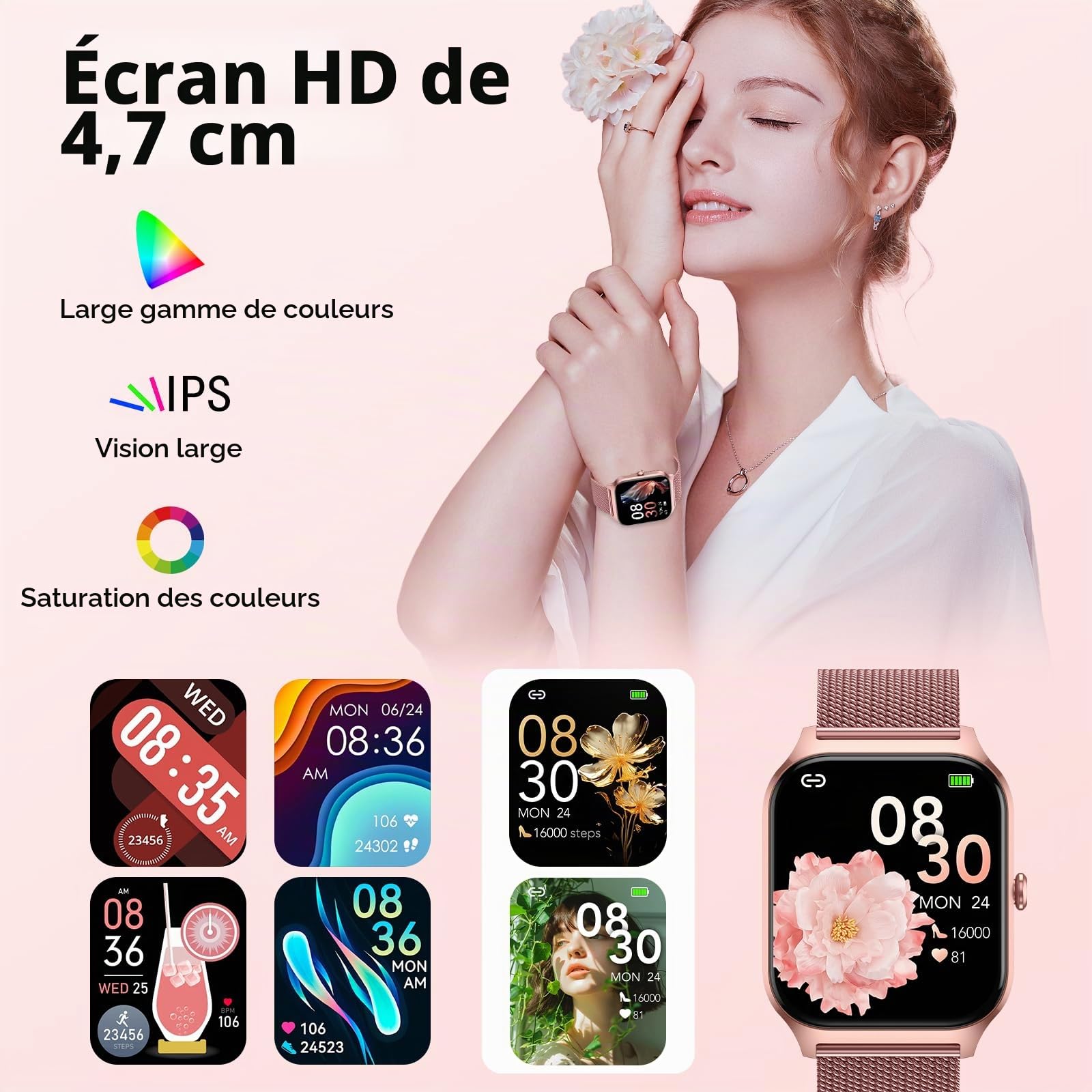Montre Connectée Femme avec Appel Bluetooth, 1.85" HD Fitness Tracker Smart Watch, 120+ Modes Sportifs, Sport Smartwatch avec Podometre Moniteur de Sommeil Fréquence Cardiaque SpO2 pour Android iOS