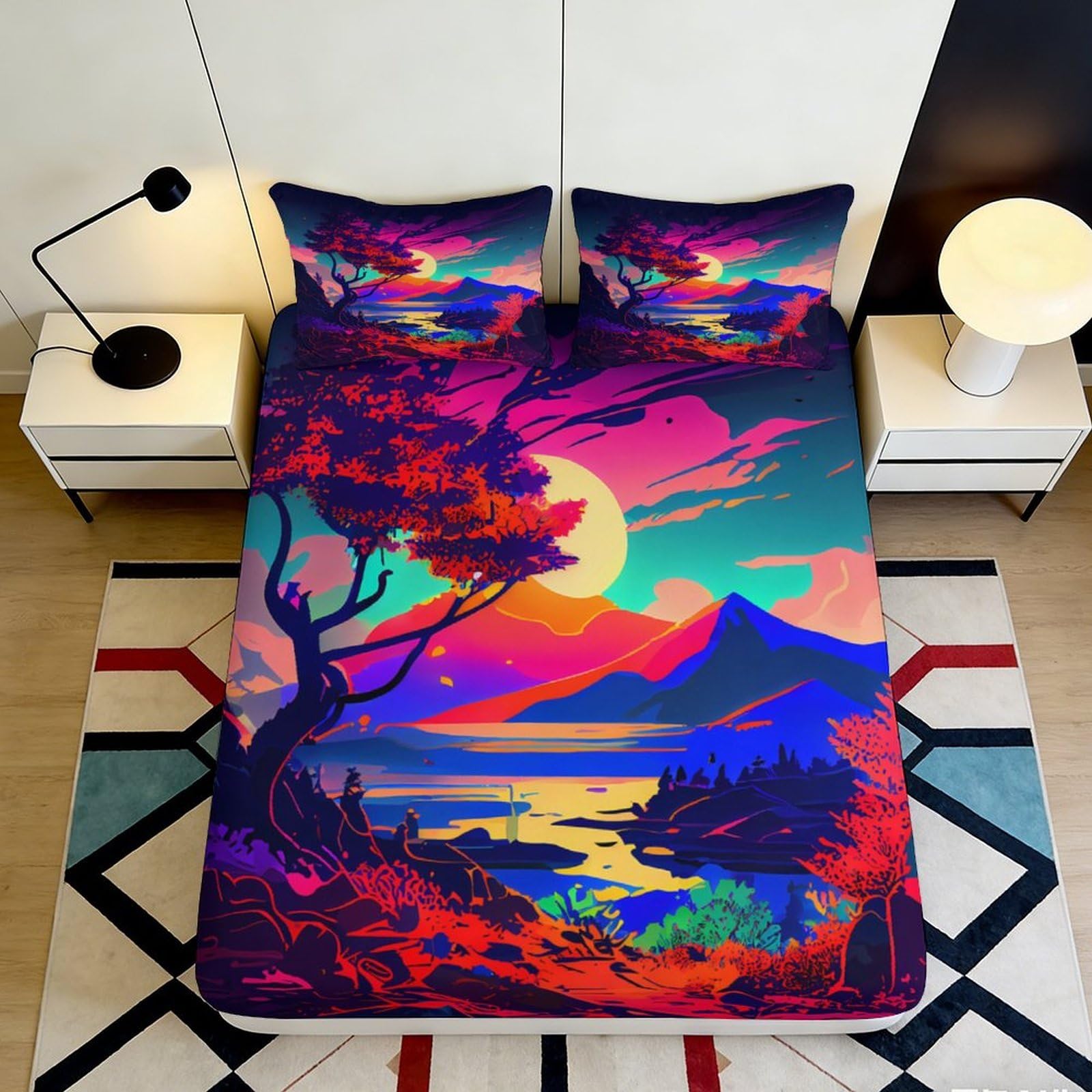 3D Printed Vibrant Sunset Landscape Fitted Sheet Microfiber Soft Breathable Colorful Mountain Lake Bed Cover for Bedroom Dormitory Guest Room Mattress Protection 90x200x25cm