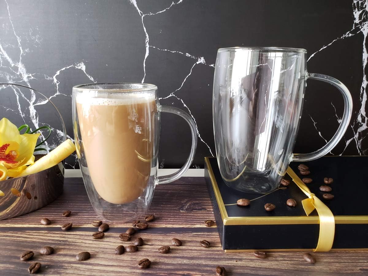 Gmark Large Coffee Mugs Set of 2 (15 oz), Double Wall Tumbler Glass Cup, Insulated Coffee Cups for Tea, Latte, Espresso, Juice, or Water GM2030