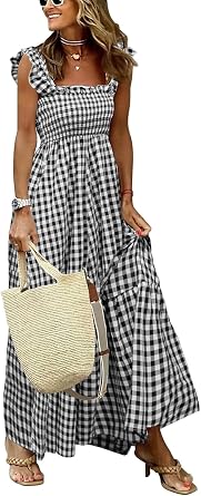 Womens Sleeveless Strap Retro Plaid A-Line Smocked Maxi Long Dress with Ruffled Hem Medium, White Black