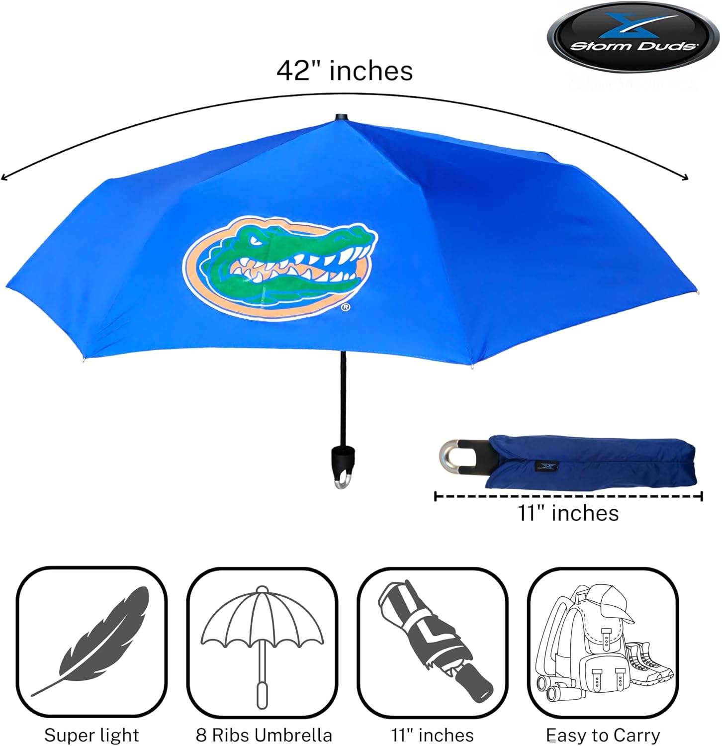 Storm Duds Mini Compact Storm Umbrella - NCAA Logo 42” Coverage, Folds to 11 Inches- Swivel Clip on Handle - Water, Wind & Rust Resistant, and Flexible Frame