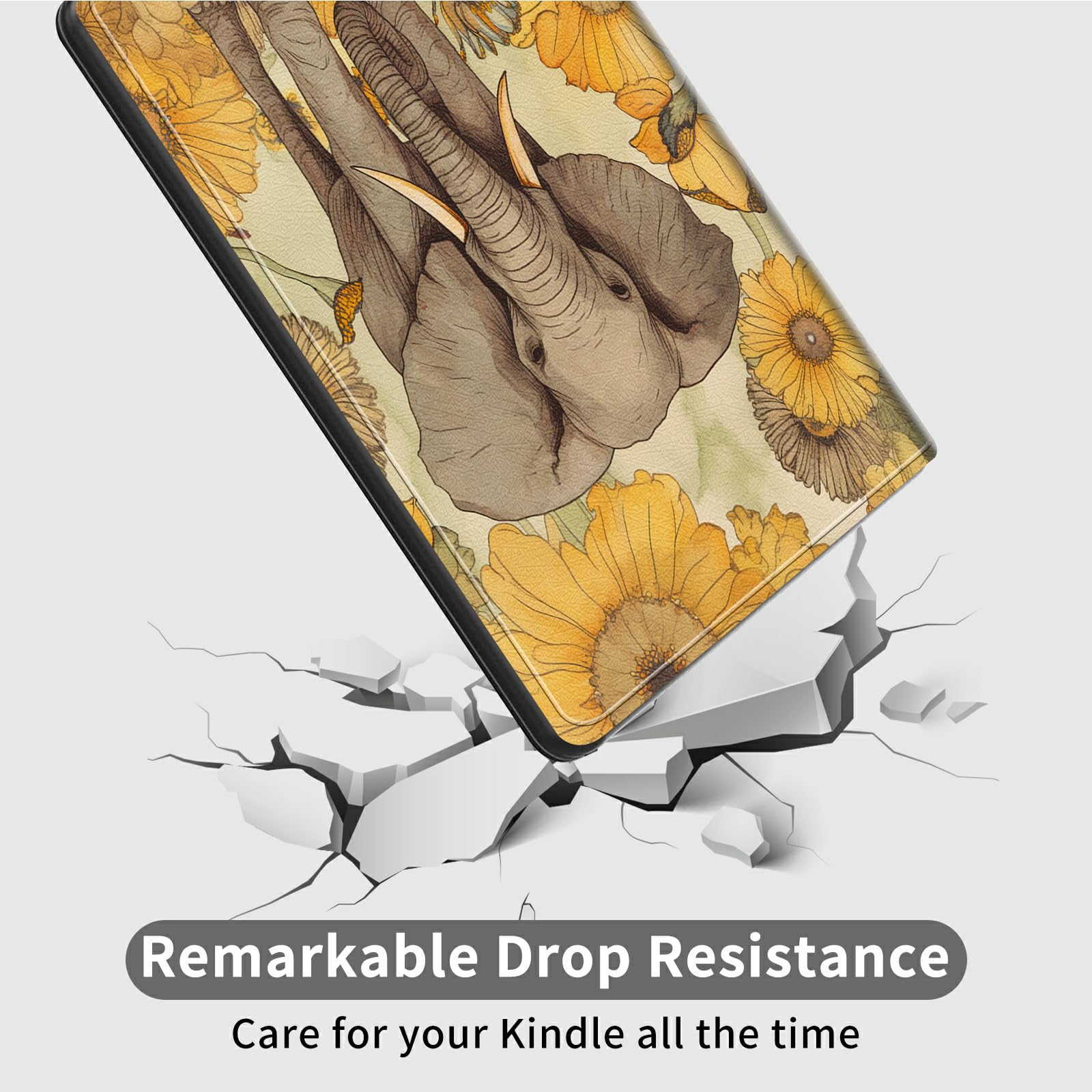 Kindle 11th Generation Case 2022 - Elephant Sunflower Wood Pattern With Auto Wake/Sleep