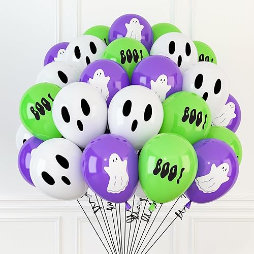 HOUSE OF PARTY 50 globos de fantasma de Halloween, 12 pulgadas, color morado, blanco, verde, lindo globo de látex para interiores, globos de látex