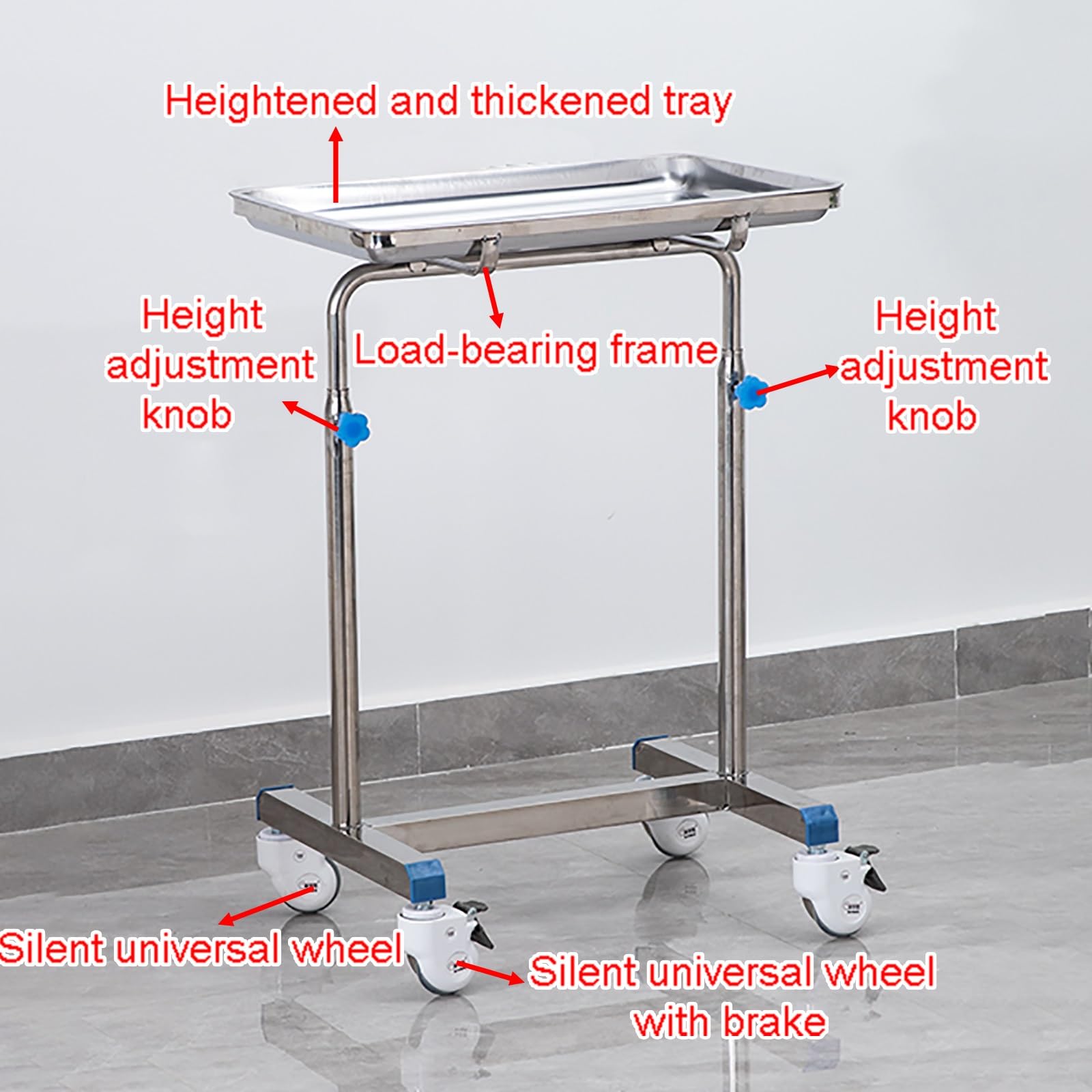 Carrito de laboratorio ajustable de acero inoxidable con ruedas universales para uso en escritorio, altura ajustable para soluciones versátiles de espacio de trabajo
