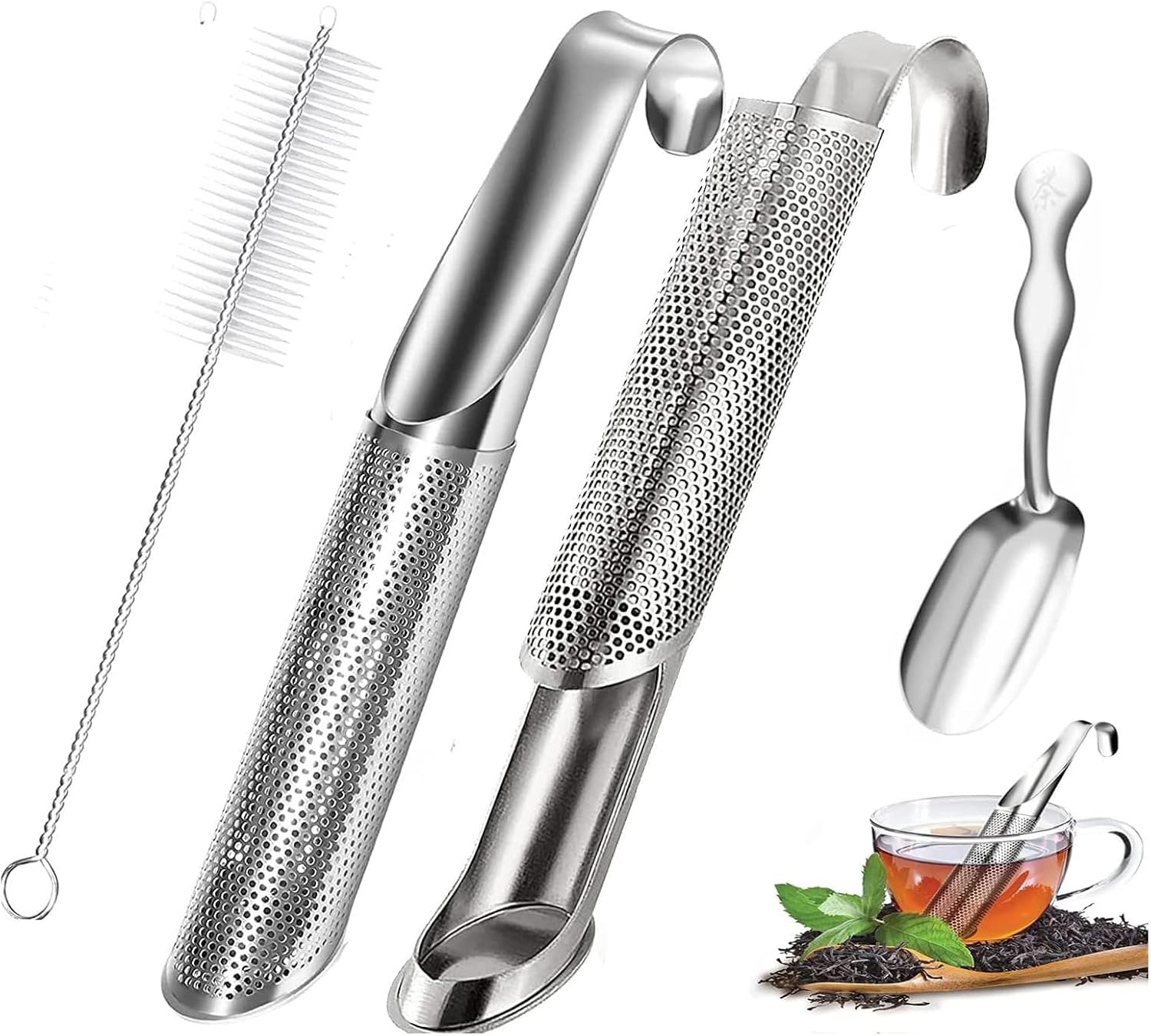 2 difusores de té de acero inoxidable, coladores de té de acero inoxidable para té suelto con mango de gancho para colgar, difusor de té de mango