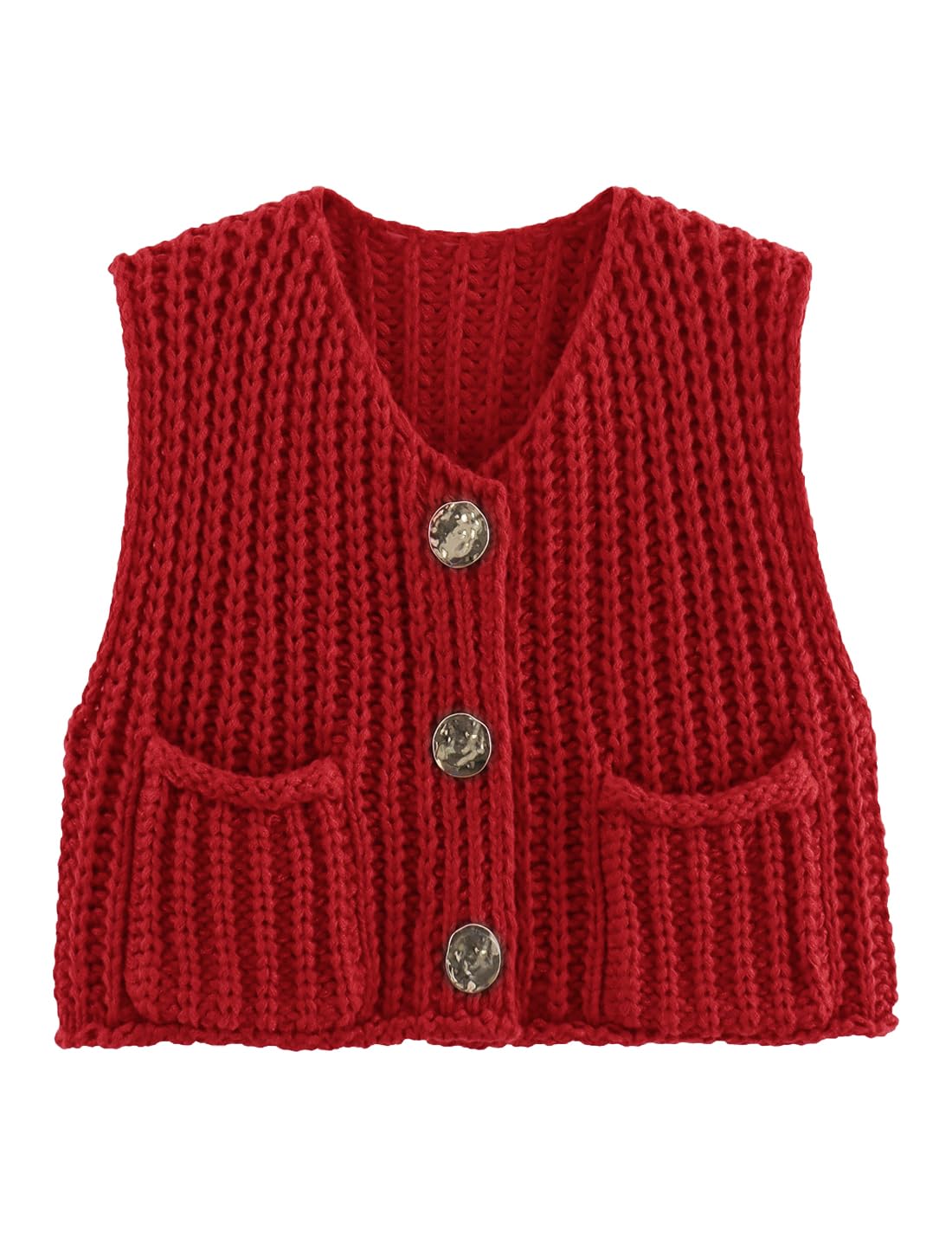 Sukany Women's Button Up Sweater Vest Sleeveless Crochet Chunky Knit Cropped Jumpers Tops Red XL