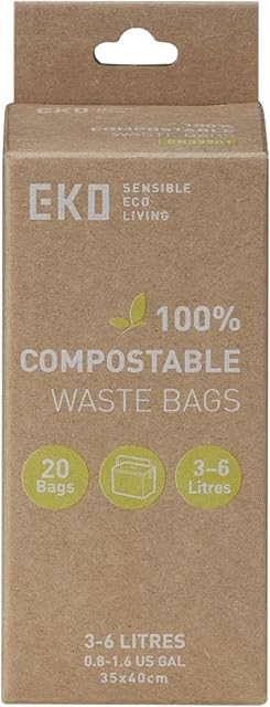 EKO Compostable Bin Liners For Food Waste Caddies, 3-6 Litre Capacity, 20 Bags