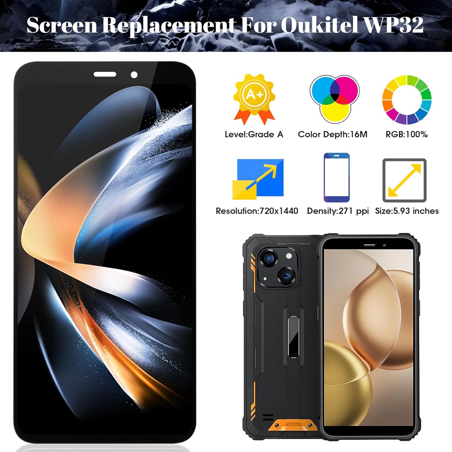 SRJTEK for Oukitel WP32 LCD Display for Oukitel WP32 Screen Replacement Touch Digitizer Assembly Repair Kits (Black,Without Frame)