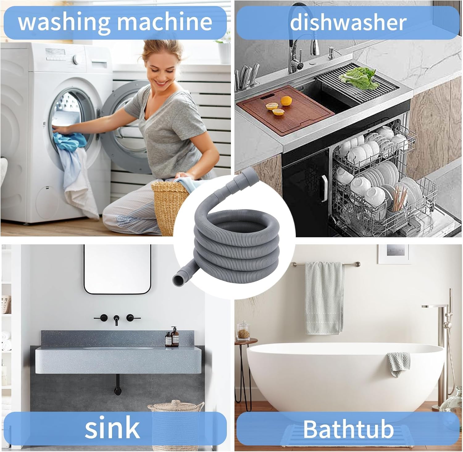Ablaufschlauch Waschmaschine 0.5/1/1.5/2/2.5/3/4/5/6/7M, Passend für 4 Schnittstellengrößen, Waschmaschine Schlauch Abwasserschlauch Verlängerung Wasserleitung Sinken (7 M)