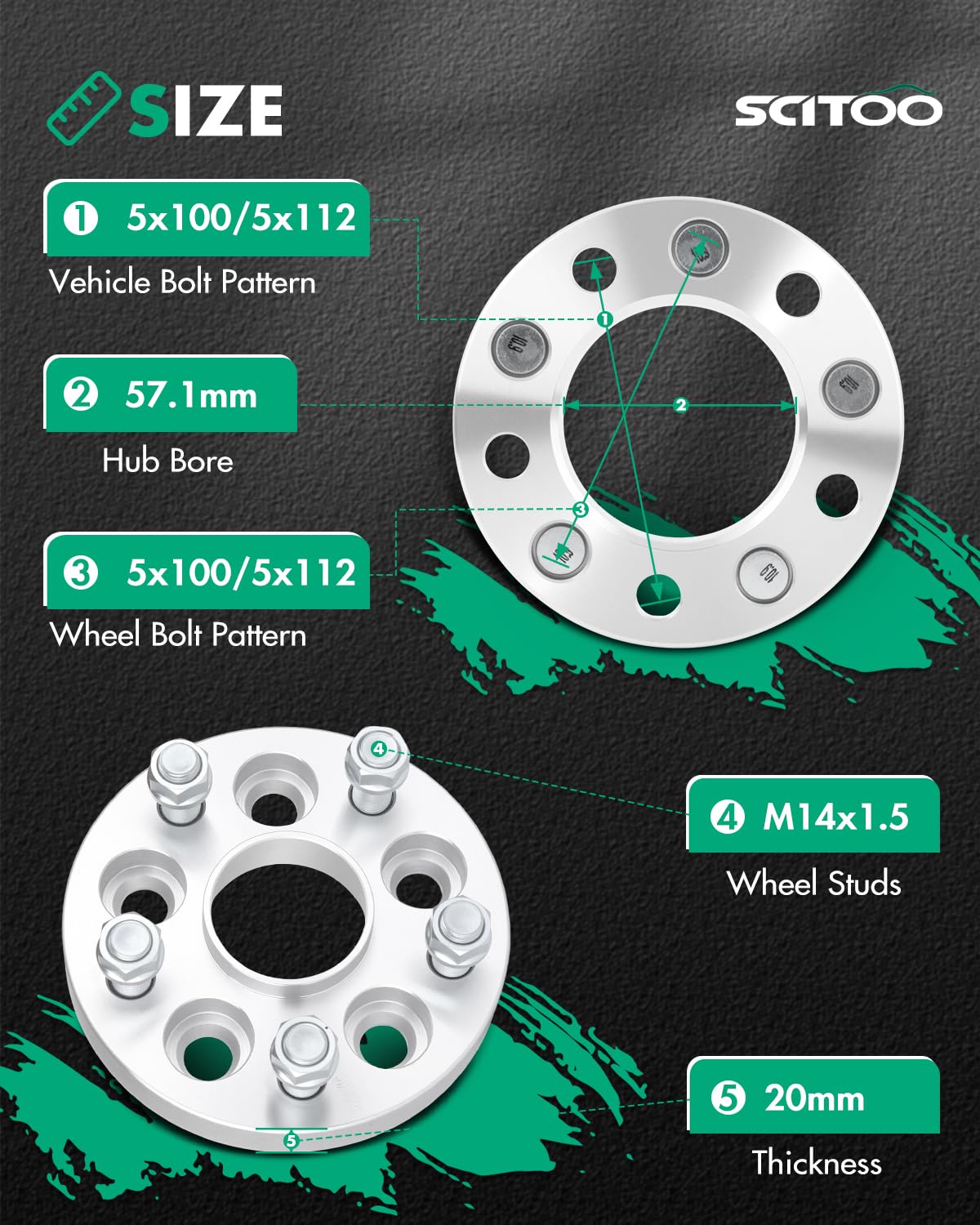 SCITOO 4 distanziali per Ruote da 5 Lug da 20 mm, adattatori da 5 x 100 a 5 x 112 con 14 x 1,5 Pin 57.1CB compatibili con S4 1993-2008 per Tiguan 2009-2017 per 5000 distanziali 1979-1988