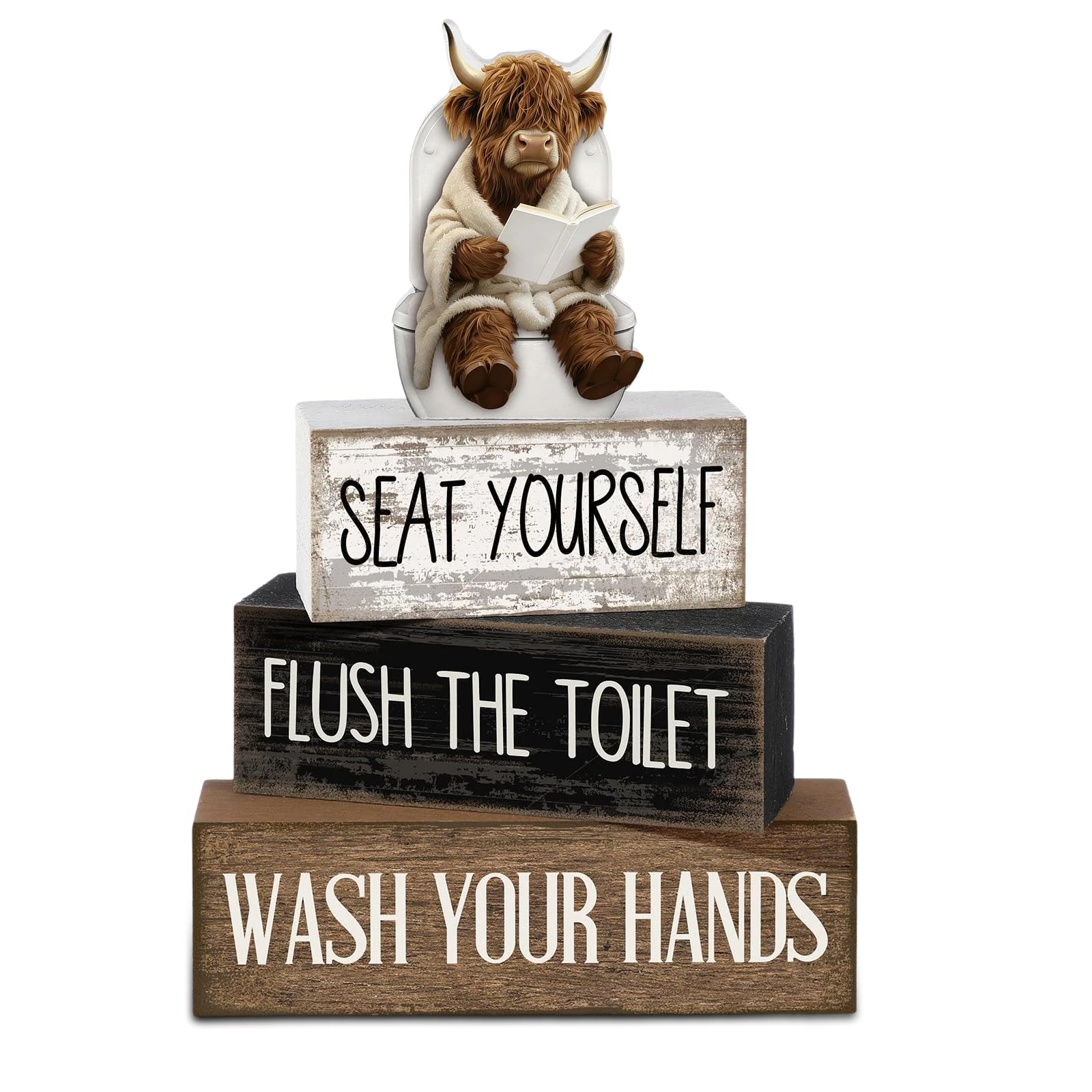 Nodrex 4-Piece Highland Cow Bathroom Decorations, Cute Highland Cow Ornaments, Wooden Farm Animal Toilet Accessories, Stylish Bathroom Ornaments, Toilet Decorations