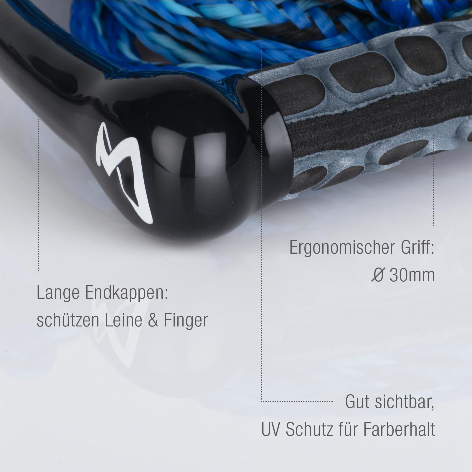 Mesle Ergo Corde pour Wakeboard et Ski Nautique, poignée Ergonomique en Mousse EVA, Flottante, Longueur de la Corde de Traction avec haltère 23 m, raccourcissable à 16,7 m, avec Rope Keeper