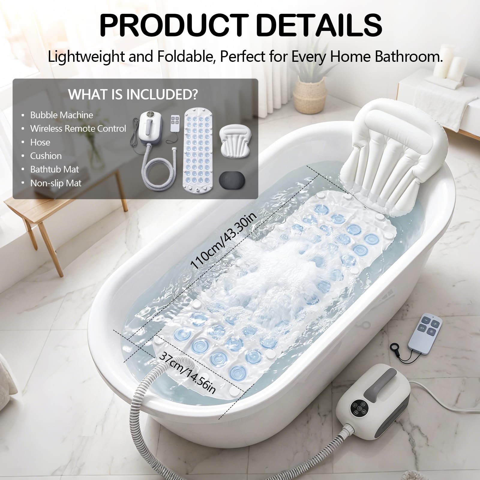 Sprudelmatte Badewanne, Badewanne Spa Matte mit 6 Massage Intensitätsstufen, Luftsprudelbad Sprudelmatte mit Kissen und Anti Rutsch Saugnäpfe, Spa Baden für Zuhause, Fernbedienung Inklusive