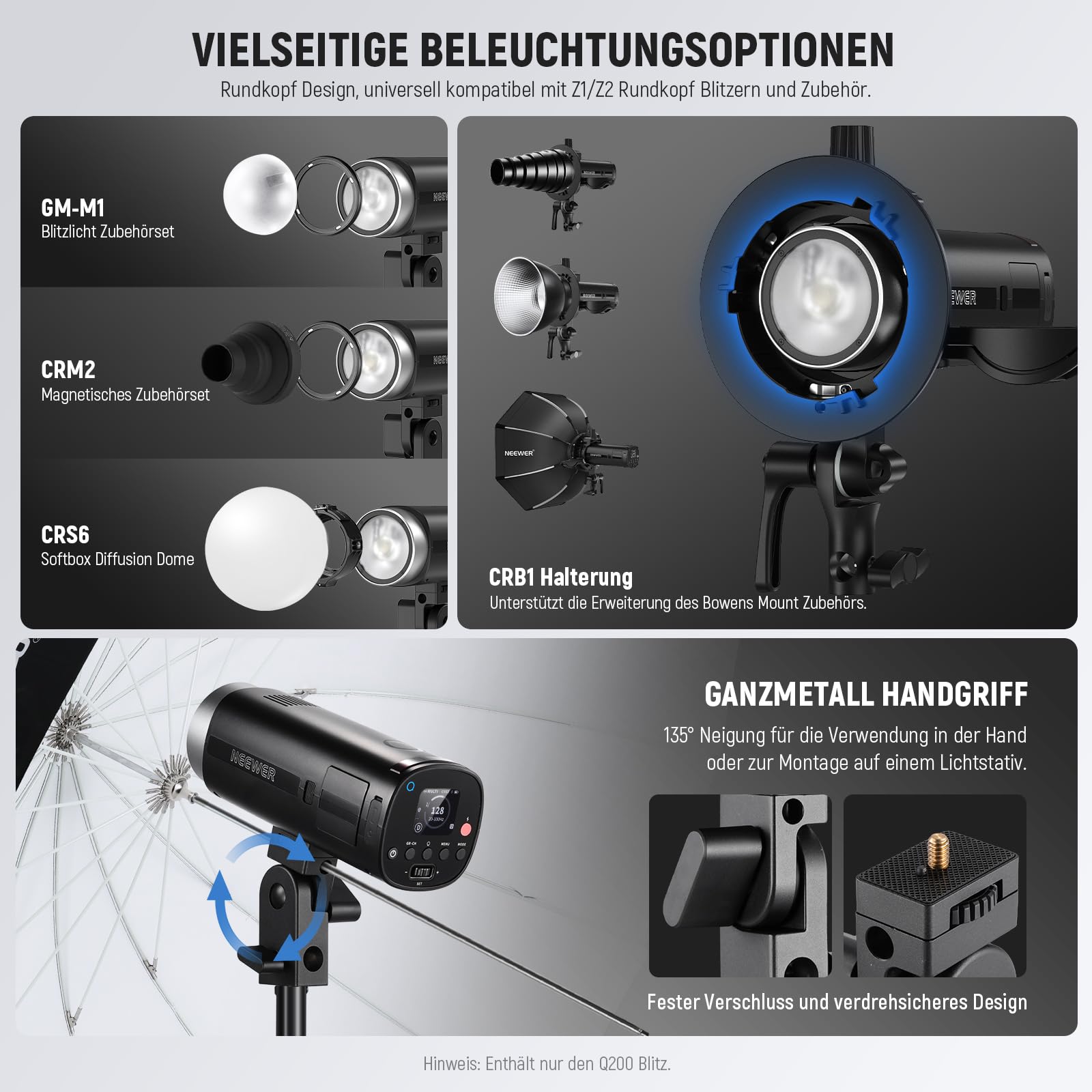 NEEWER Q200 200Ws 2,4G TTL Outdoor Studioblitzgerät mit App Steuerung, kompatibel mit Godox, 1/8000 HSS, 3200mAh Akku, 10W Einstelllicht/750W Blitzleistung/0,01–1,5s Blitzladezeit