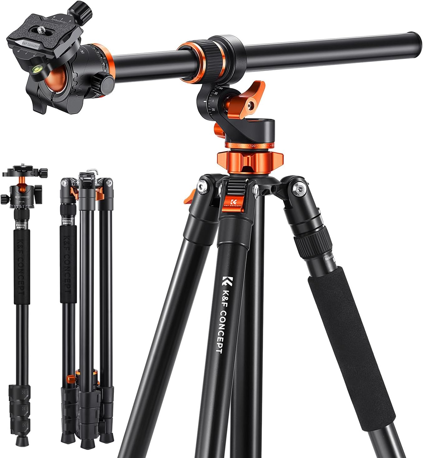 K&F Concept 90 inch/230cm Camera Tripod,Horizontal Overhead Shooting Travel Tripods with Metal Ball Head 10KG Load Capacity,Detachable Monopod, for Indoor and Outdoor T254A7+BH-28L