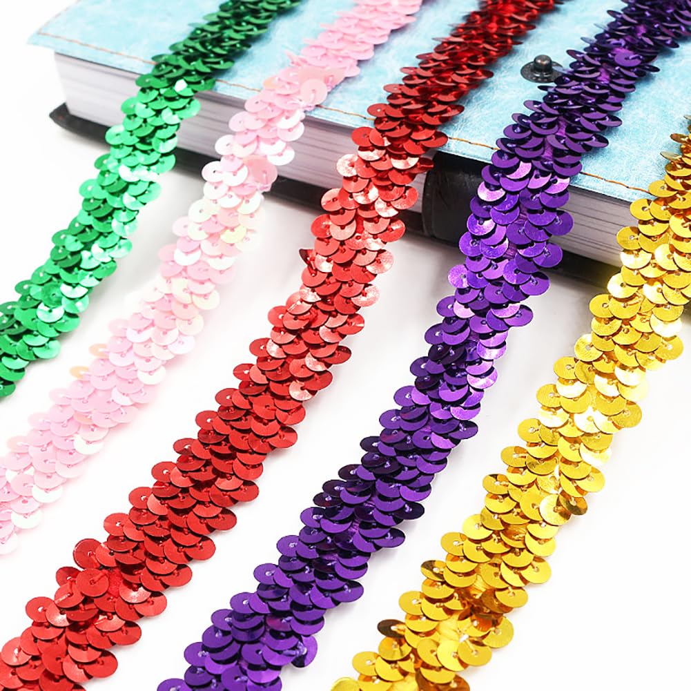 Cinta elástica de lentejuelas de 11 yardas x 1.2 pulgadas, ribete metálico para manualidades, ribete decorativo plano para costura, color rojo