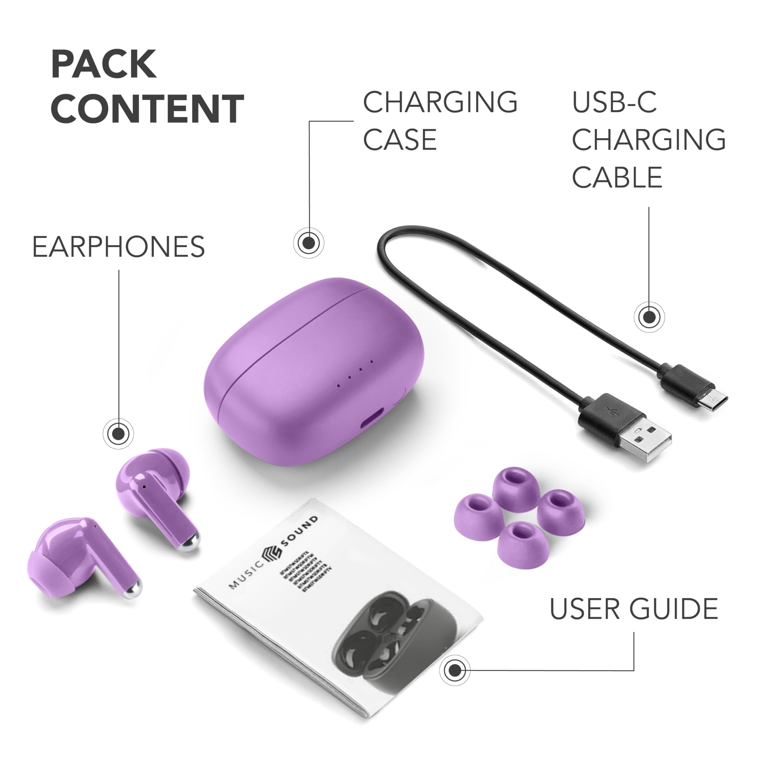 Écouteurs Intra-Auriculaires Bluetooth sans Fil Music Sound Drift avec boîtier Compact et coloré, appairage Automatique, Commandes tactiles, Jusqu’à 22 Heures d’autonomie, Lilas