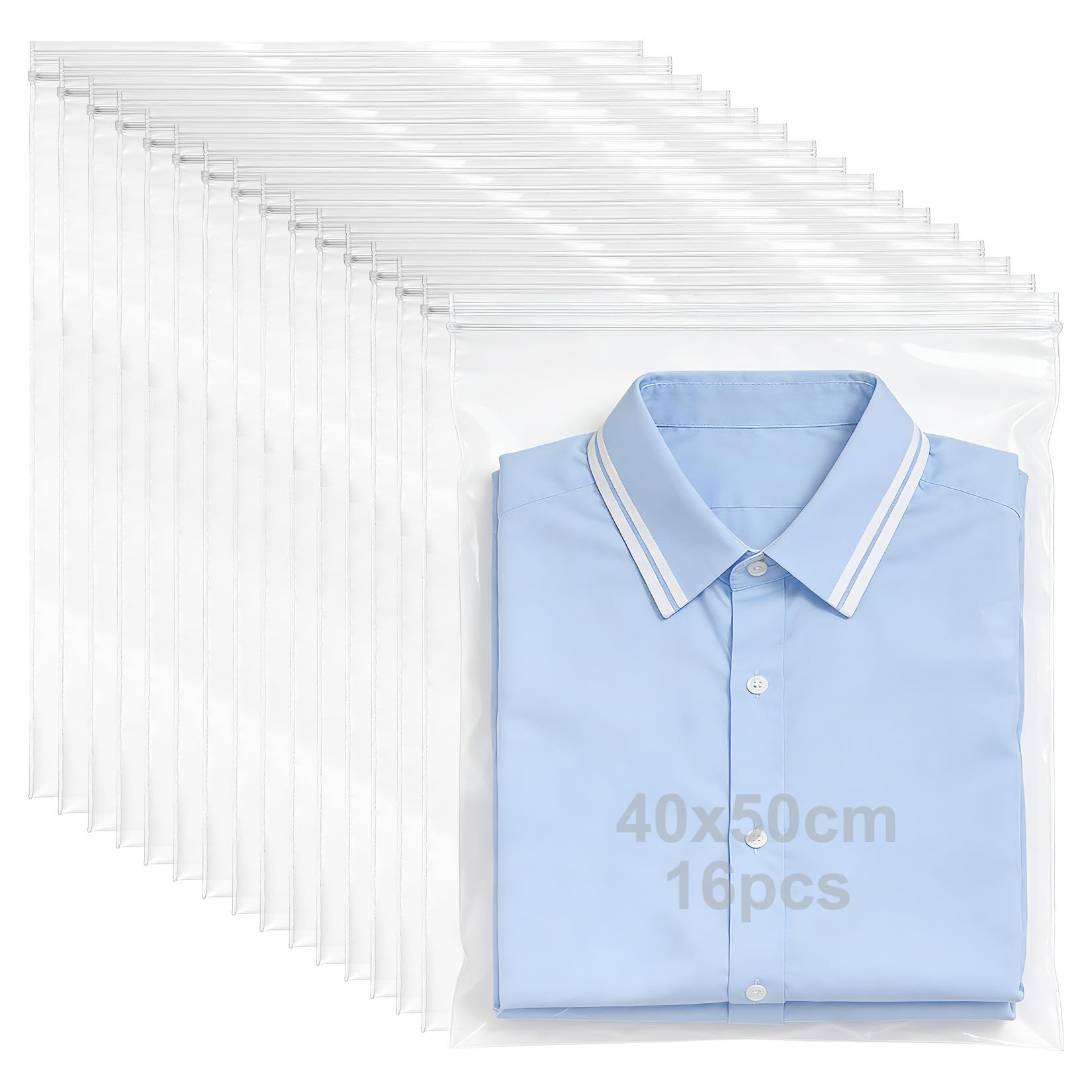 16 PcsLarge Ziplock Bags for Clothes, 40x50 cm Resealable Large Zip Lock Bagss, Clear Seal Waterproof Plastic Large Clothes Storage Bags with Zips for Storing Clothing Bedding Luggage Organiser