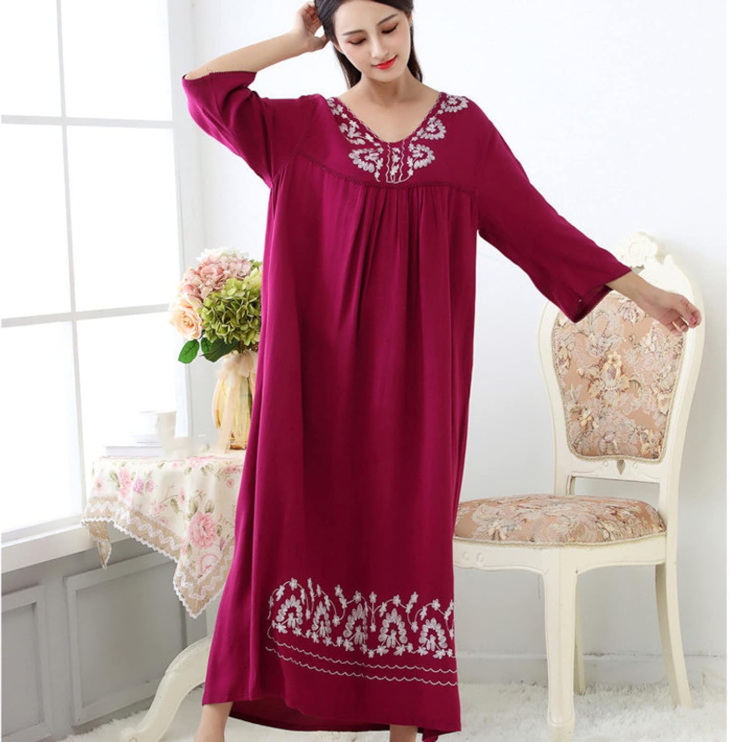 OFFSUM Women's Long Sleeve Nightgown - Spring Solid Color Round Neck Nightgown Fashion Cotton Casual Embroidery Sleepwear