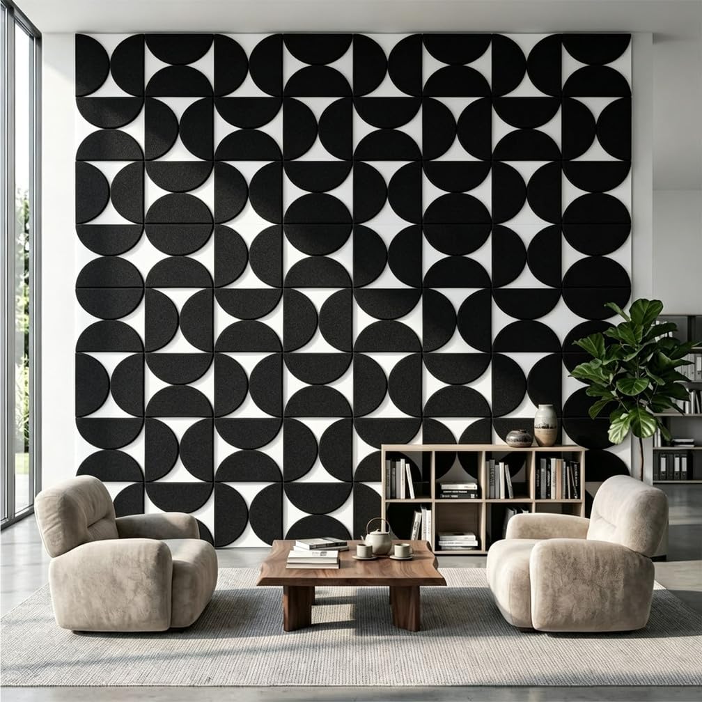 Paneles Acústicos Semicírculo de Fieltro, Autoadhesivos para Sala de Gaming y Estudio de Grabación, Decoración de Pared Interior,Negro,60 Pack